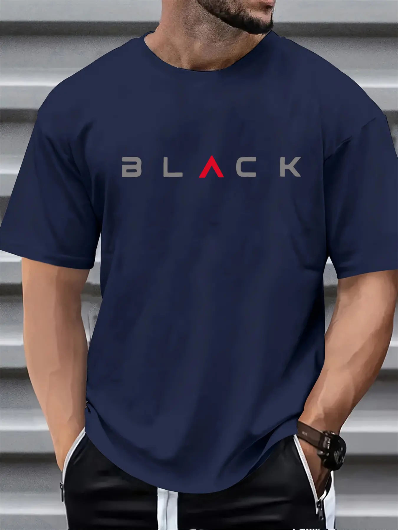 Summer men's 100% pure cotton casual sports loose BLACK letter printed comfortable round neck short sleeved T-shirt top