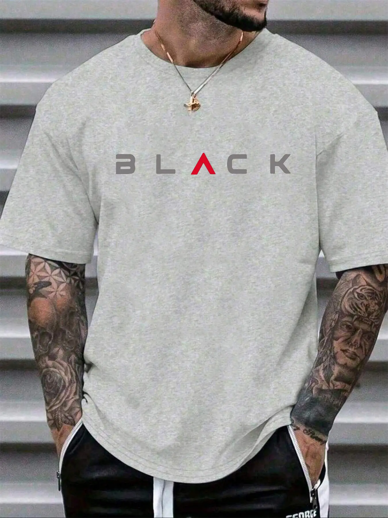 Summer men's 100% pure cotton casual sports loose BLACK letter printed comfortable round neck short sleeved T-shirt top