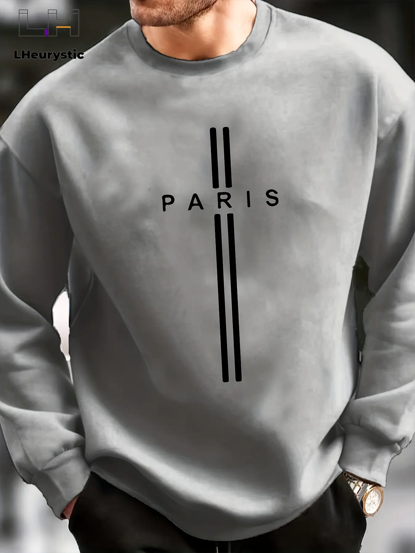 Men's autumn and winter casual sports loose oversized Paris print with fleece warm pullover round neck long sleeved sweatshirt