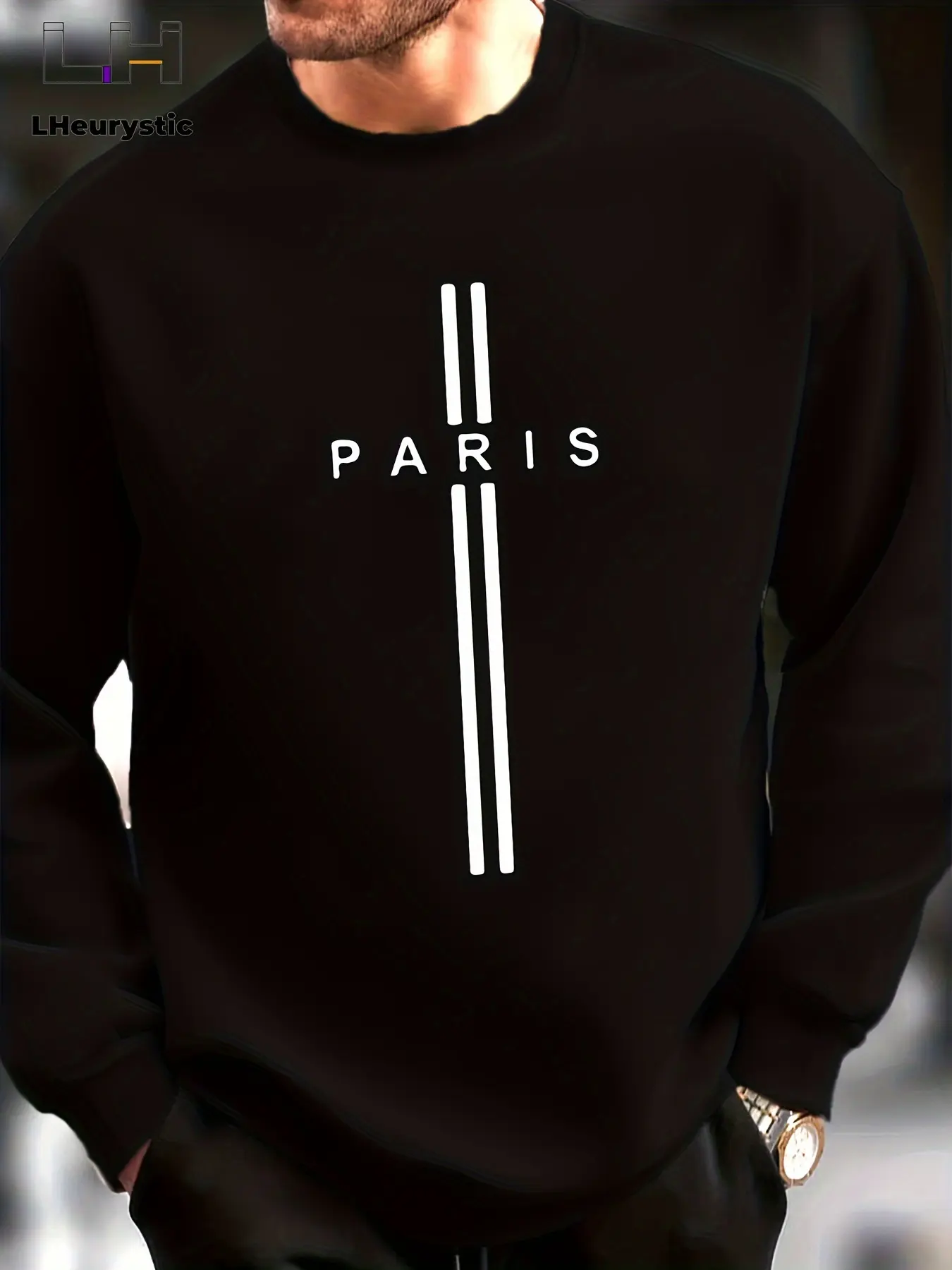 Men's autumn and winter casual sports loose oversized Paris print with fleece warm pullover round neck long sleeved sweatshirt