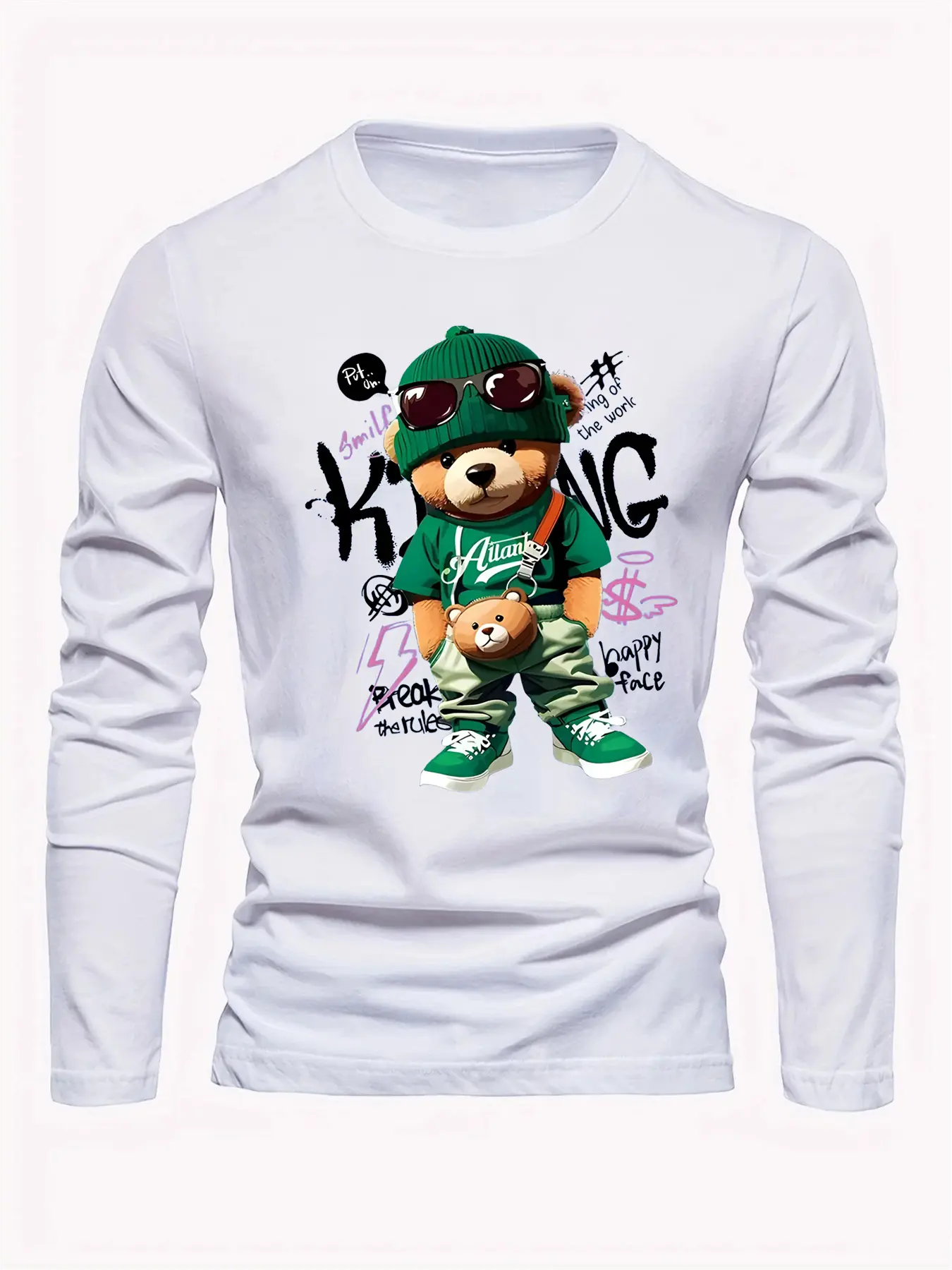 Men's 100% pure cotton loose and comfortable sports casual fashion cartoon bear print round neck long sleeved T-shirt top
