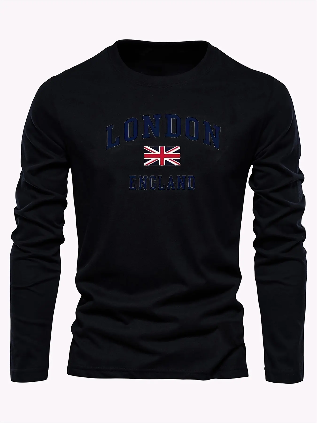 Men's 100% pure cotton loose fit plus size casual sports London ENGLAND letter printed round neck long sleeved T-shirt top