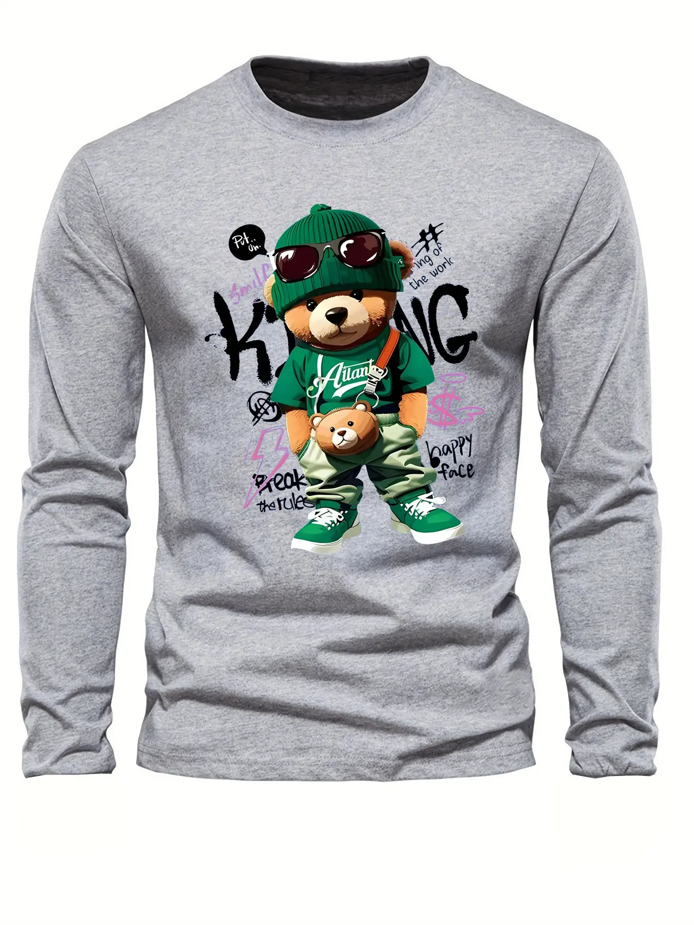 Men's 100% pure cotton loose and comfortable sports casual fashion cartoon bear print round neck long sleeved T-shirt top