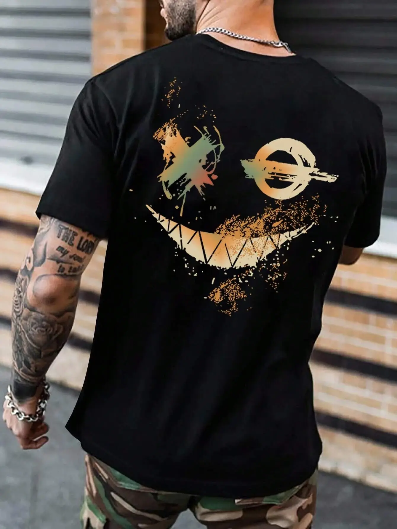 Summer men's 100% pure cotton casual sports loose oversized smiling face printed comfortable round neck short sleeved T-shirt