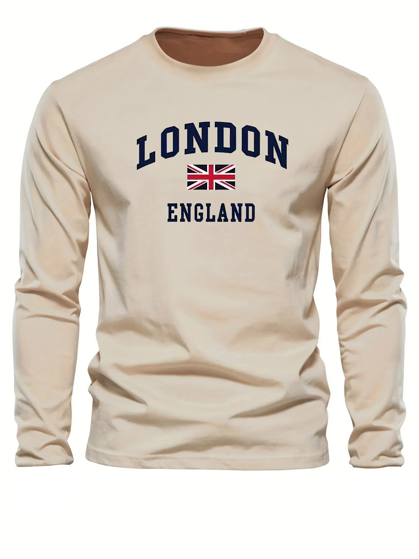 Men's 100% pure cotton loose fit plus size casual sports London ENGLAND letter printed round neck long sleeved T-shirt top