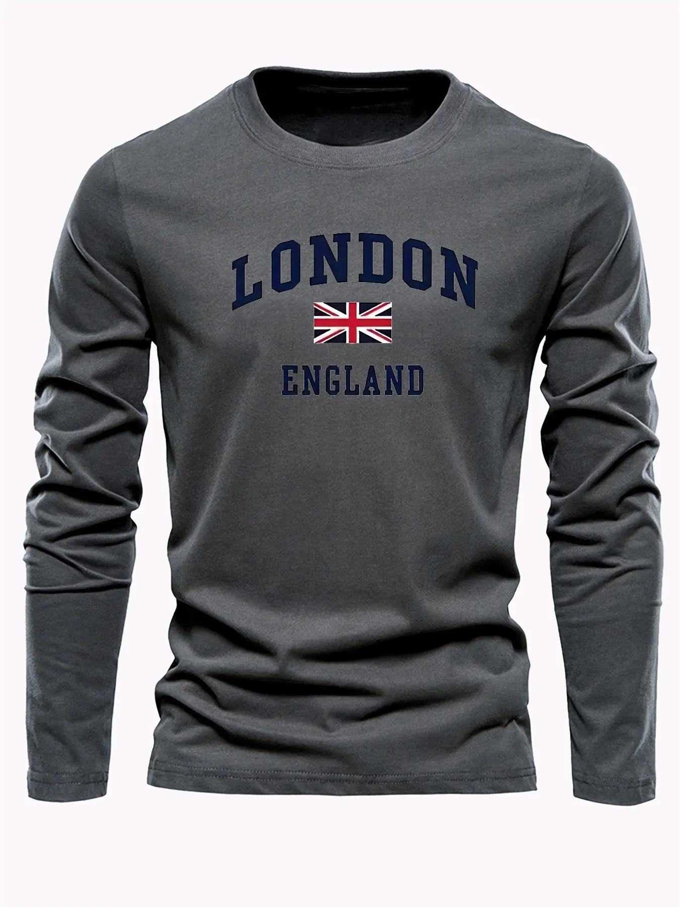 Men's 100% pure cotton loose fit plus size casual sports London ENGLAND letter printed round neck long sleeved T-shirt top