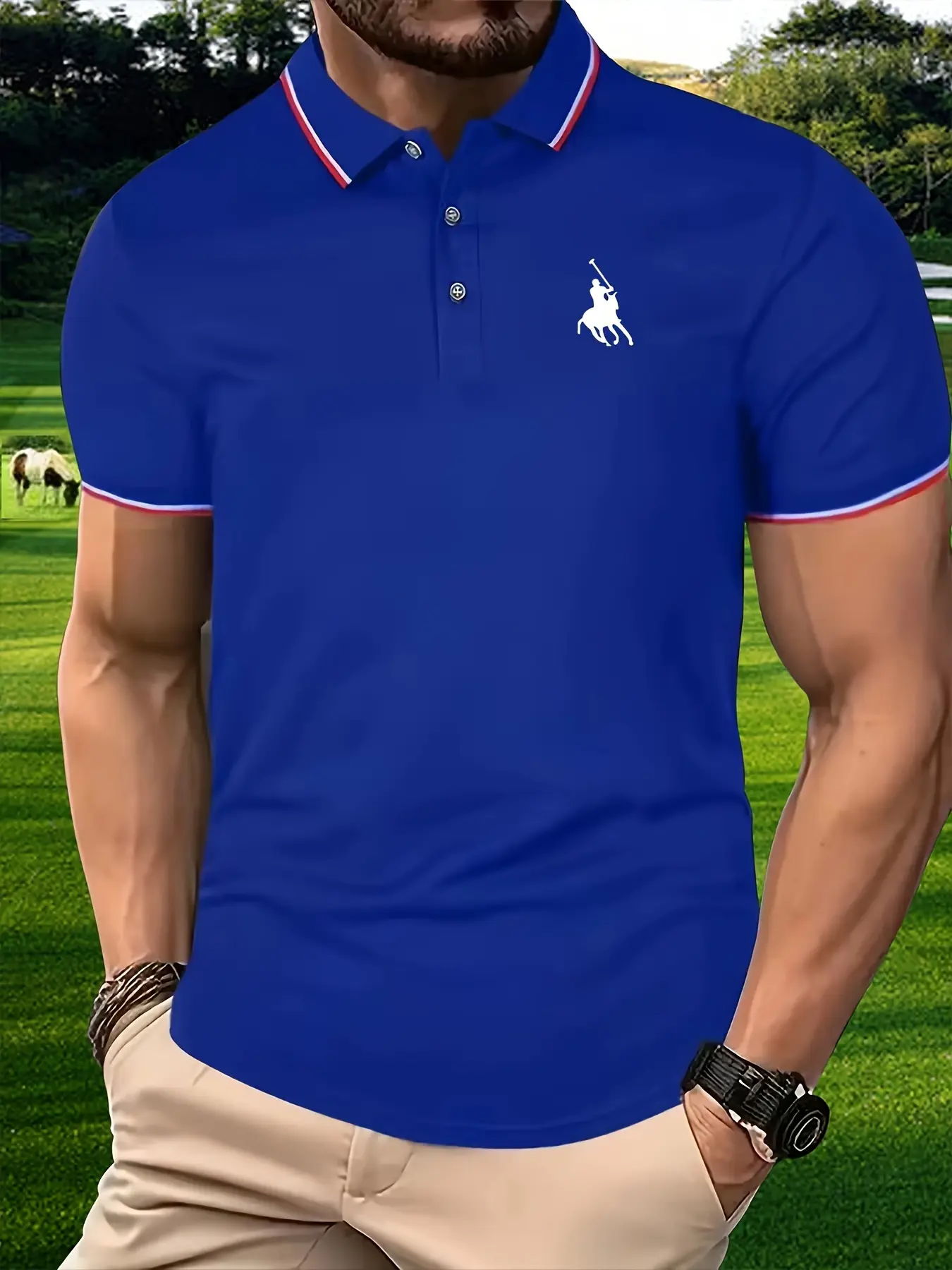 Men's 100 cotton summer casual fashion loose plus size golf pattern printed lapel short sleeved polo shirt top