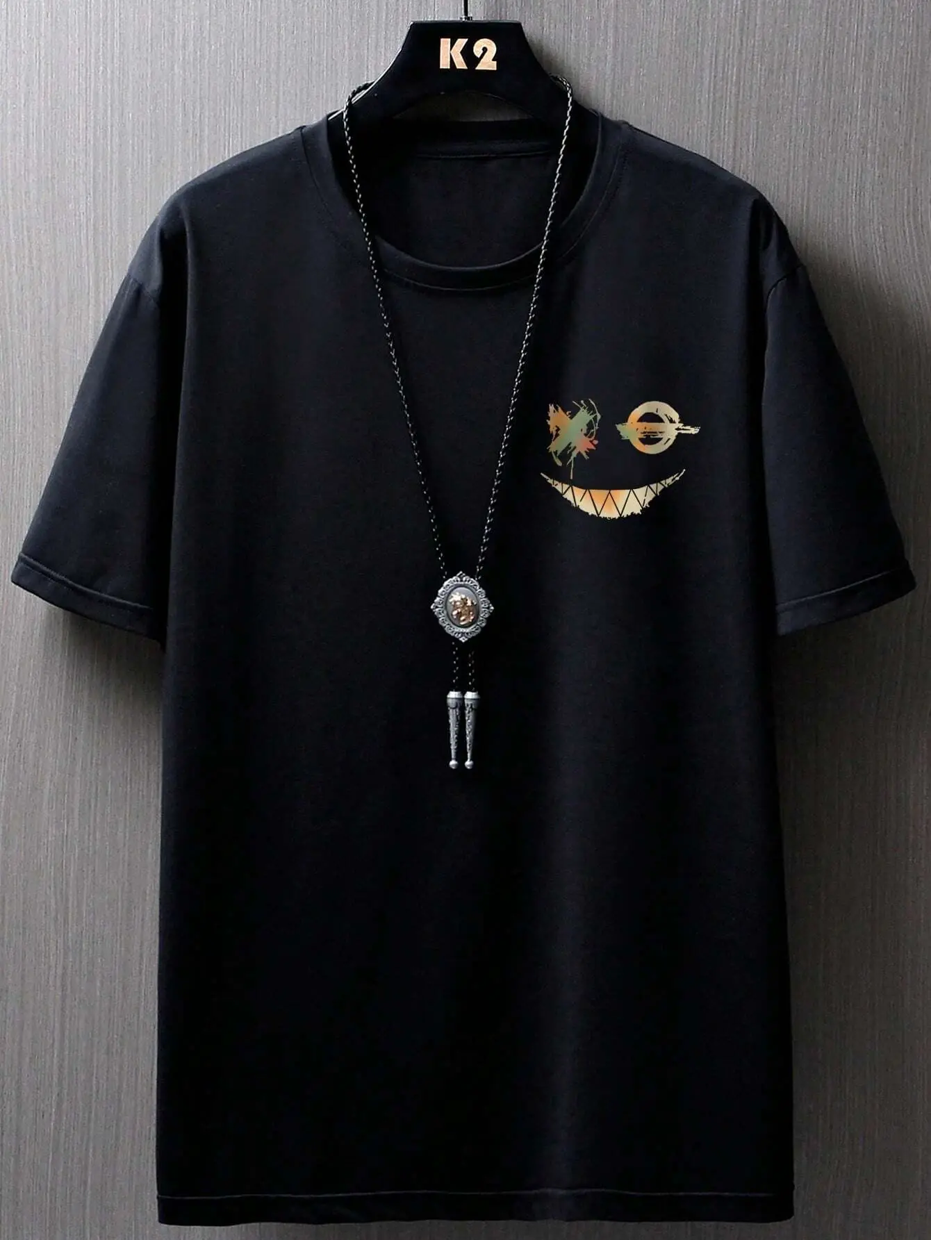 Summer men's 100% pure cotton casual sports loose oversized smiling face printed comfortable round neck short sleeved T-shirt
