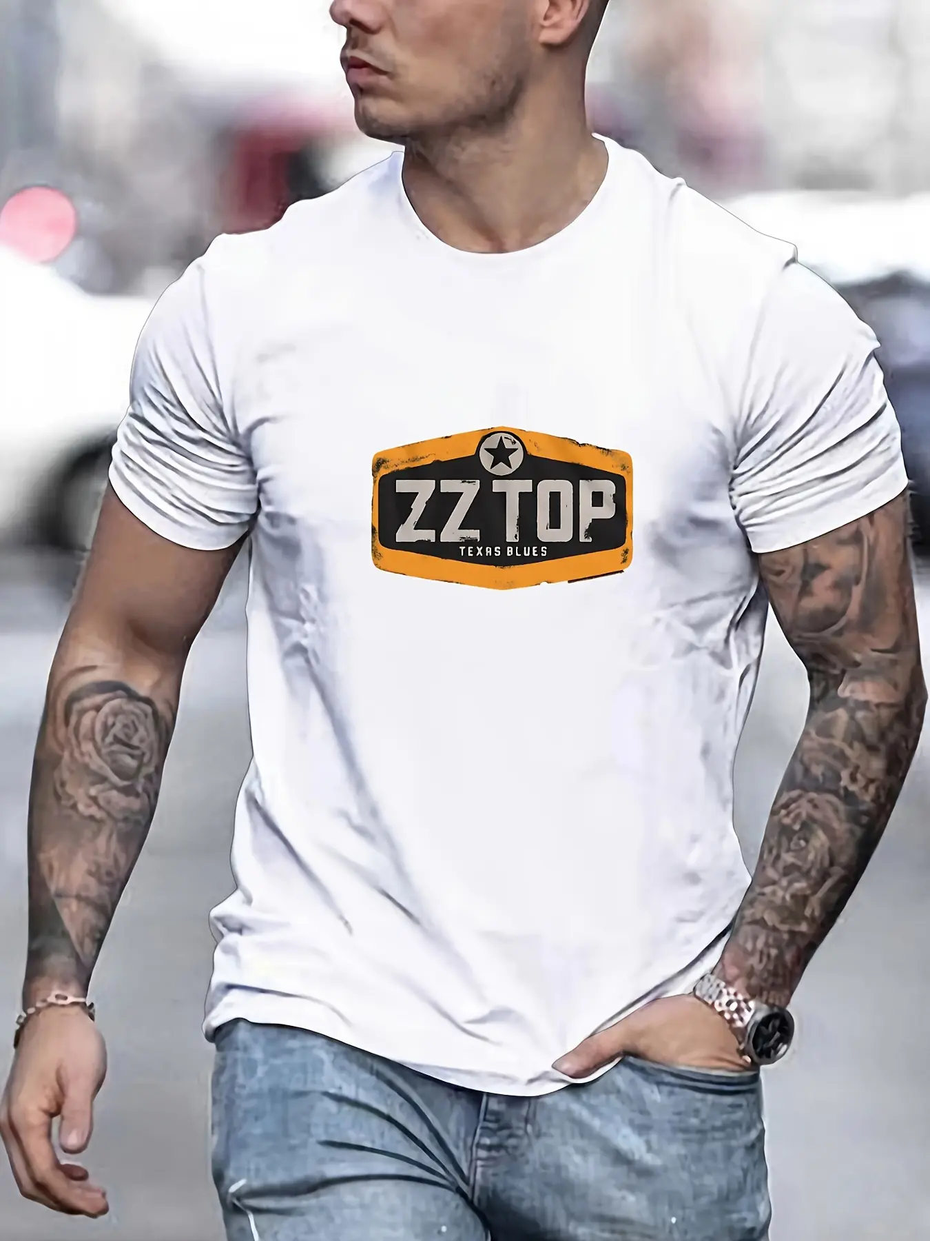 Men's summer 100 cotton fashionable casual sports loose ZZ TOP letter pattern printed round neck short sleeved T-shirt top