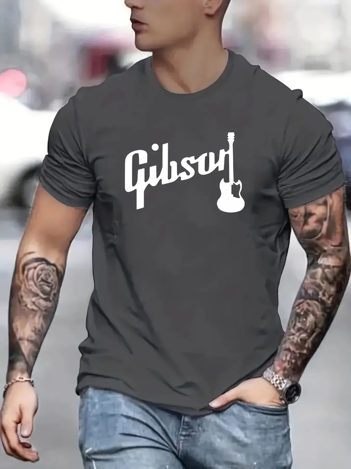 Men's Summer 100% Cotton Fashionable Casual Loose Large Gibson Guitar Printed Sports Round Neck Short Sleeve T-shirt Top
