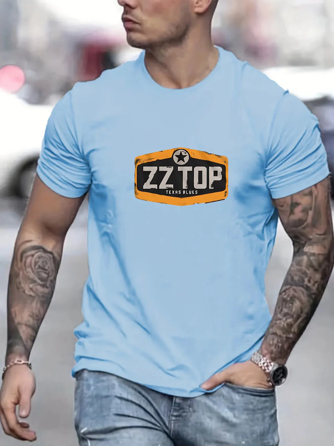 Men's summer 100 cotton fashionable casual sports loose ZZ TOP letter pattern printed round neck short sleeved T-shirt top