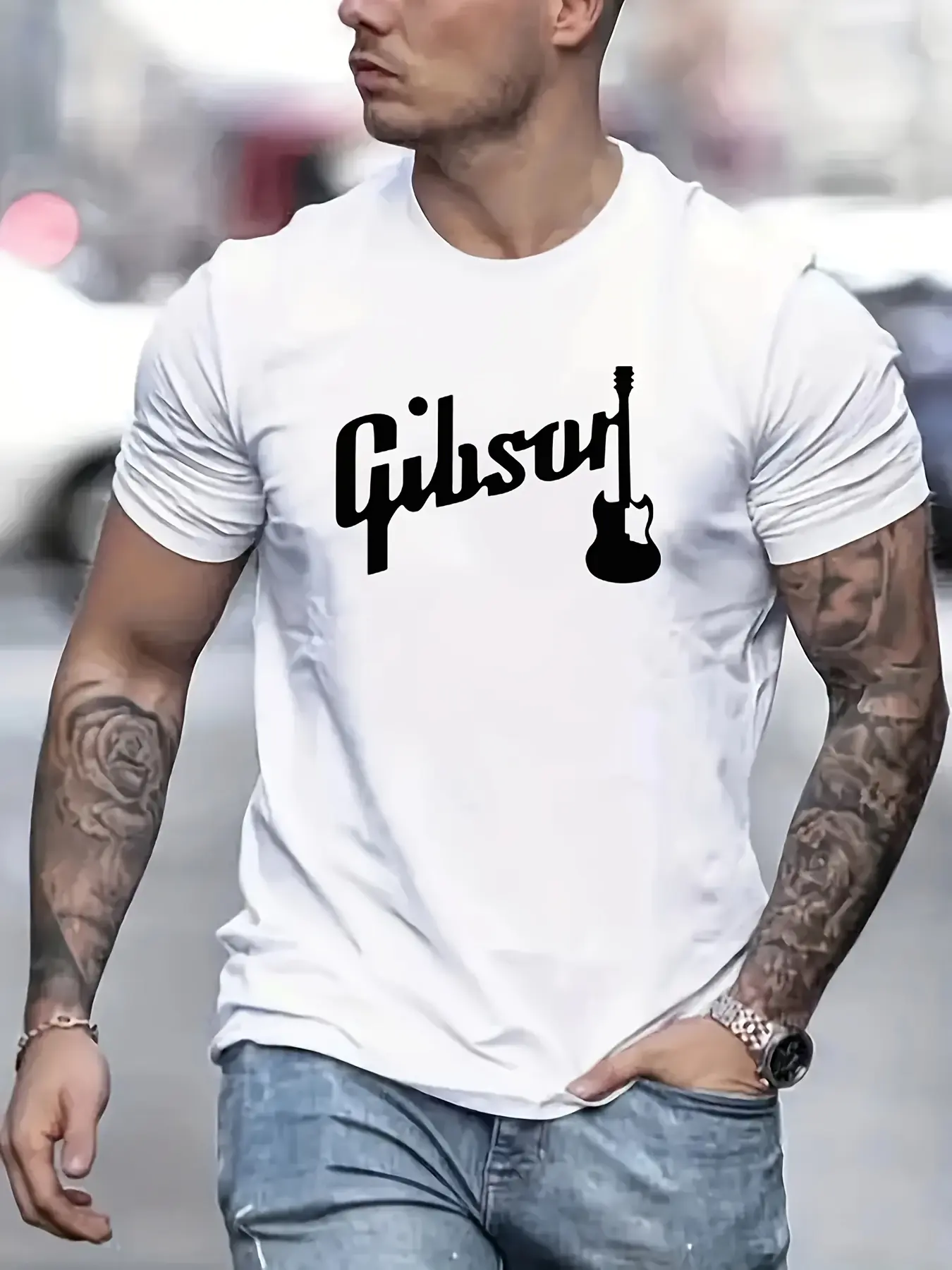Men's Summer 100% Cotton Fashionable Casual Loose Large Gibson Guitar Printed Sports Round Neck Short Sleeve T-shirt Top