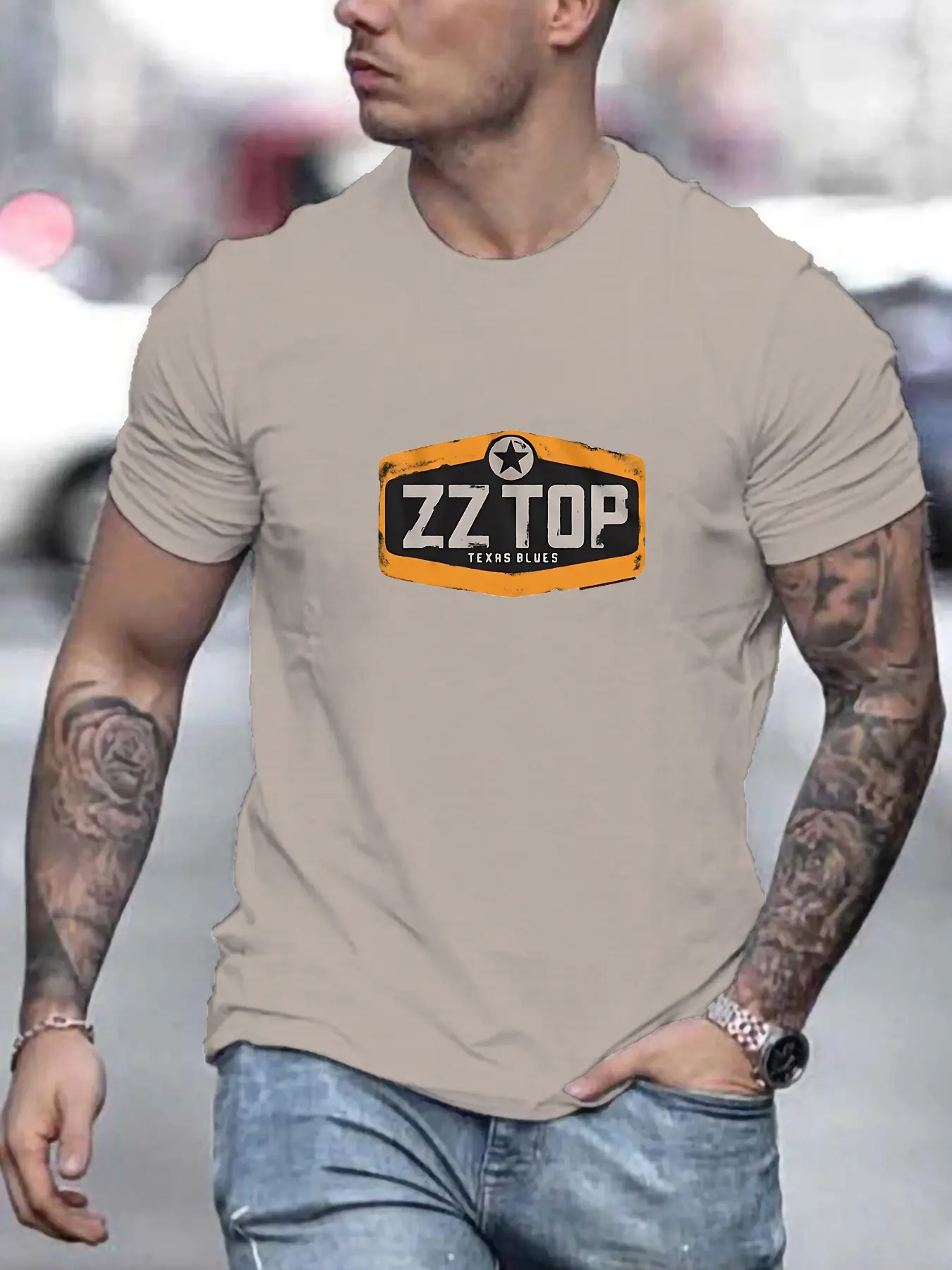Men's summer 100 cotton fashionable casual sports loose ZZ TOP letter pattern printed round neck short sleeved T-shirt top