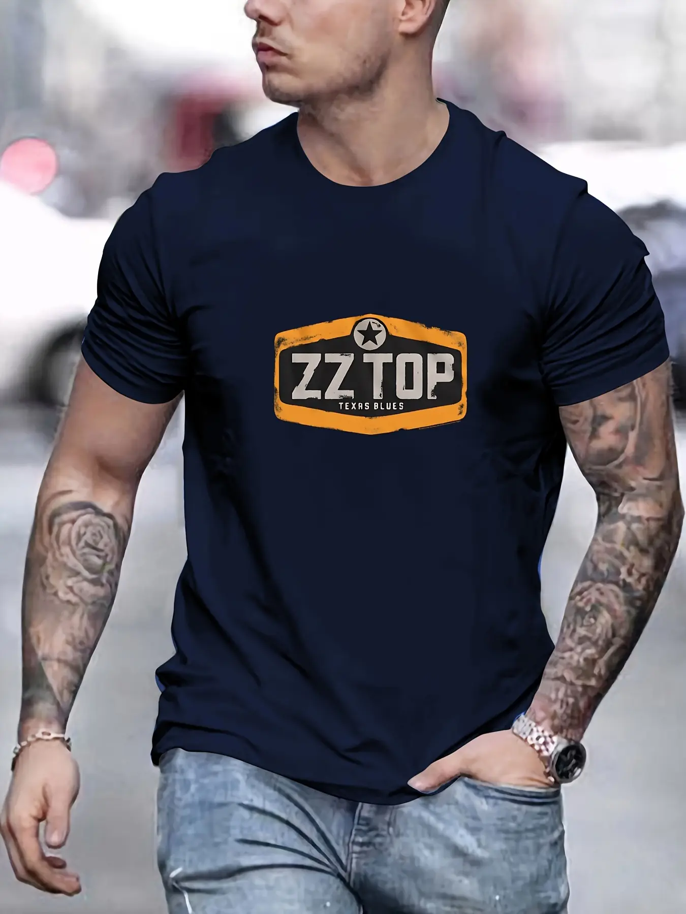 Men's summer 100 cotton fashionable casual sports loose ZZ TOP letter pattern printed round neck short sleeved T-shirt top