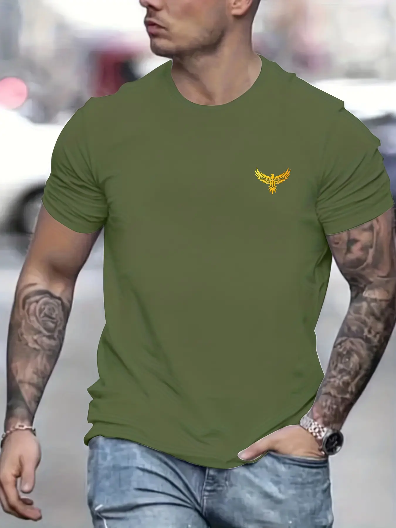 Summer Men's 100% Cotton Casual Loose Large Eagle Pattern Print Round Neck Short Sleeve T-shirt Top Fashion Streetwear Oversized