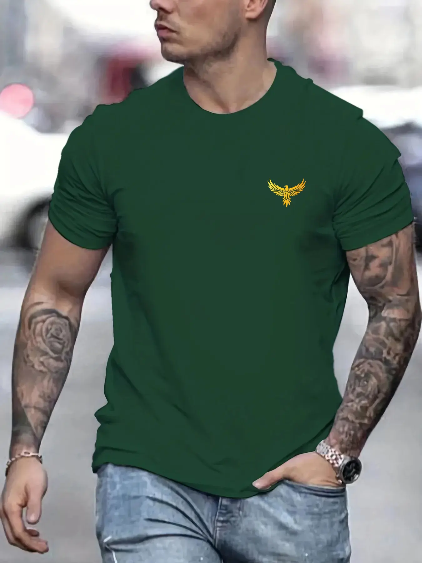 Summer Men's 100% Cotton Casual Loose Large Eagle Pattern Print Round Neck Short Sleeve T-shirt Top Fashion Streetwear Oversized
