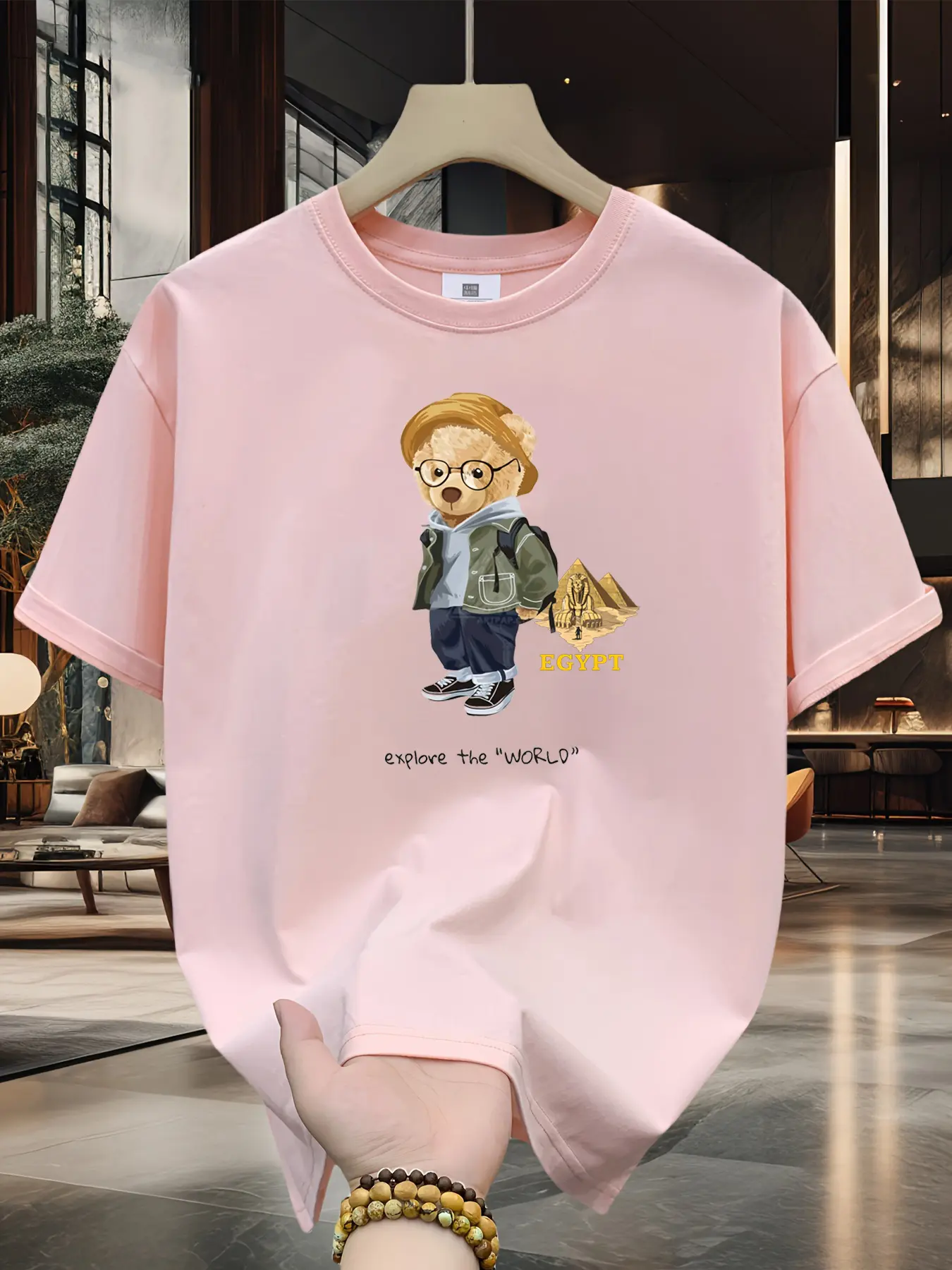 Men's Summer 100% Cotton Fashion Leisure Sports Loose Travel Bear Cartoon Pattern Printed Round Neck Short Sleeve T-shirt Top