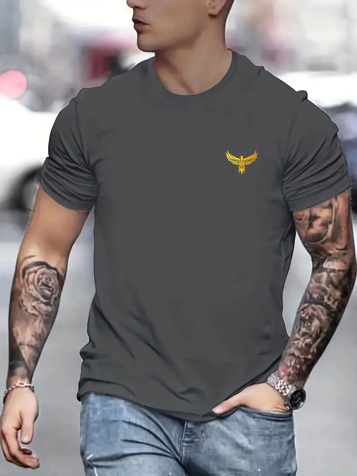Summer Men's 100% Cotton Casual Loose Large Eagle Pattern Print Round Neck Short Sleeve T-shirt Top Fashion Streetwear Oversized