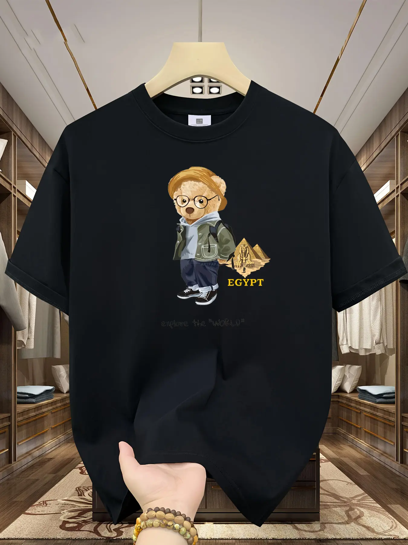 Men's Summer 100% Cotton Fashion Leisure Sports Loose Travel Bear Cartoon Pattern Printed Round Neck Short Sleeve T-shirt Top