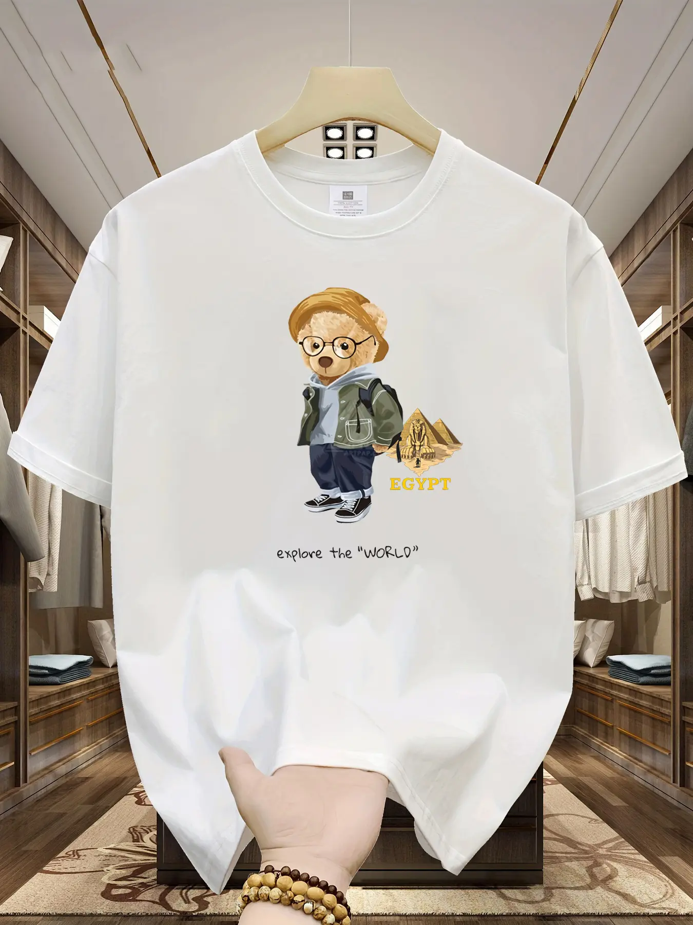 Men's Summer 100% Cotton Fashion Leisure Sports Loose Travel Bear Cartoon Pattern Printed Round Neck Short Sleeve T-shirt Top