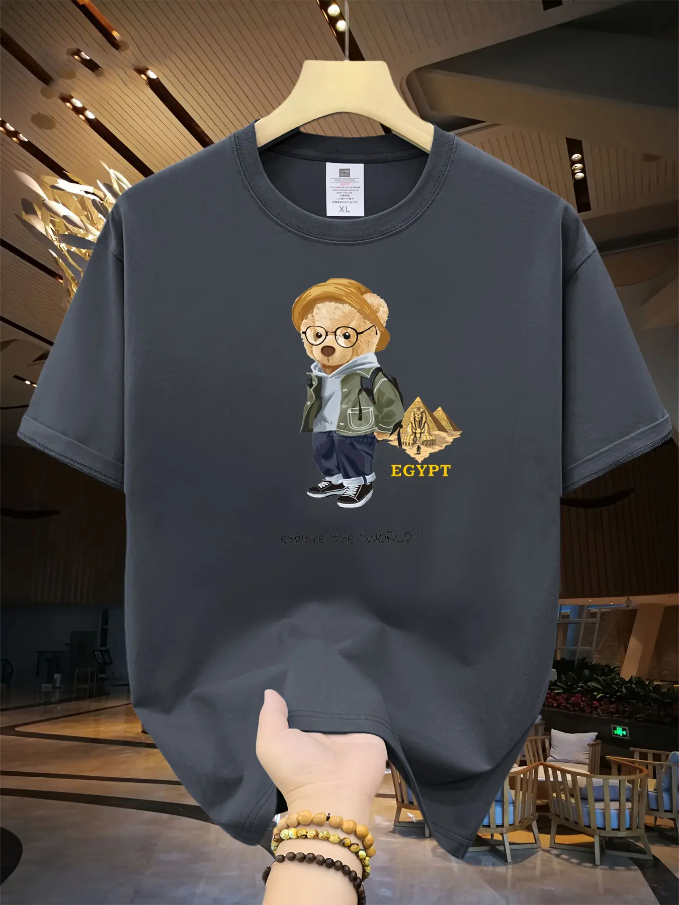 Men's Summer 100% Cotton Fashion Leisure Sports Loose Travel Bear Cartoon Pattern Printed Round Neck Short Sleeve T-shirt Top