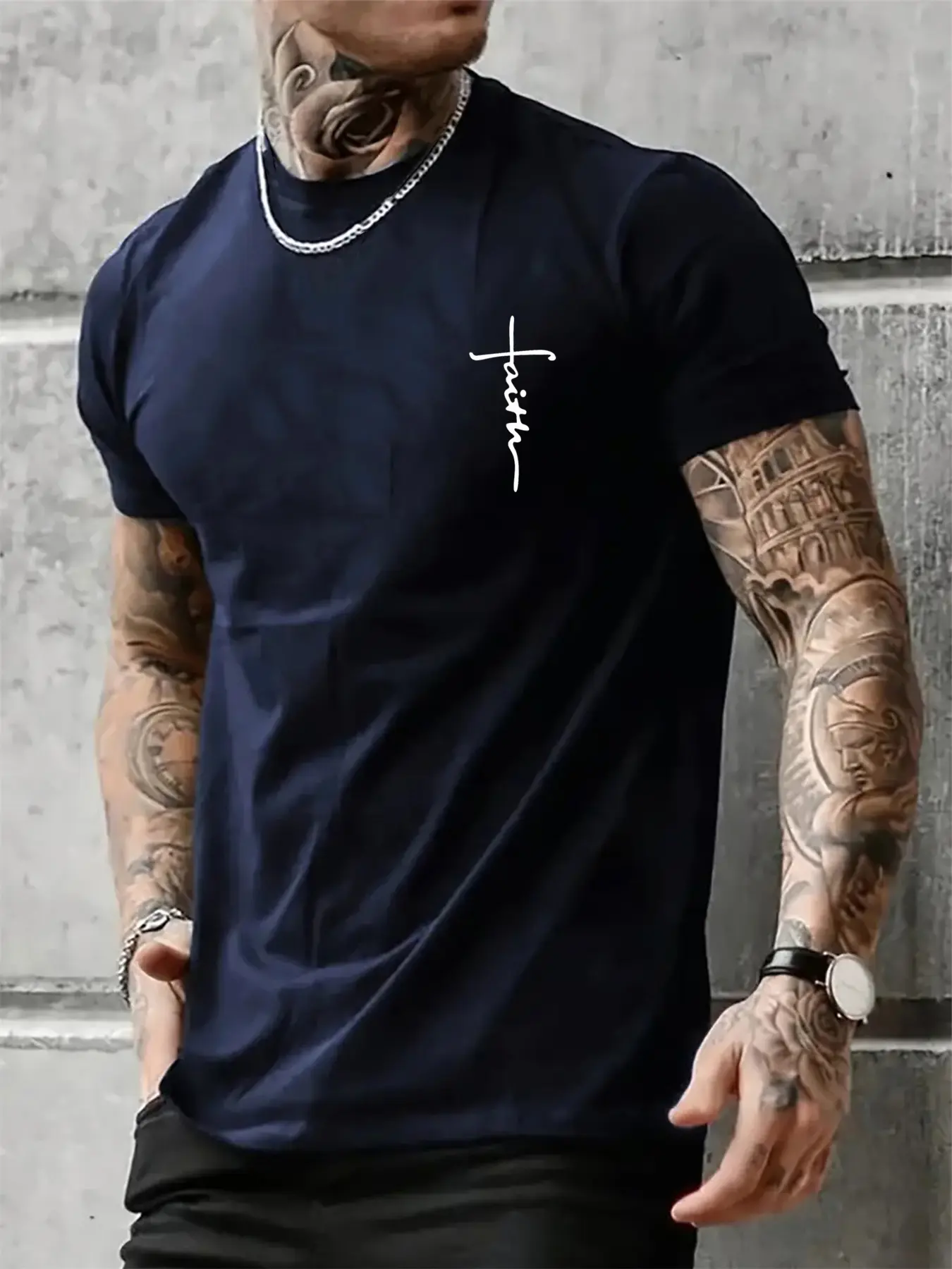 Men's Summer 100% Cotton Fashionable Casual Loose Large Size Faith Cross Printed Sports Round Neck Short Sleeve T-shirt Top