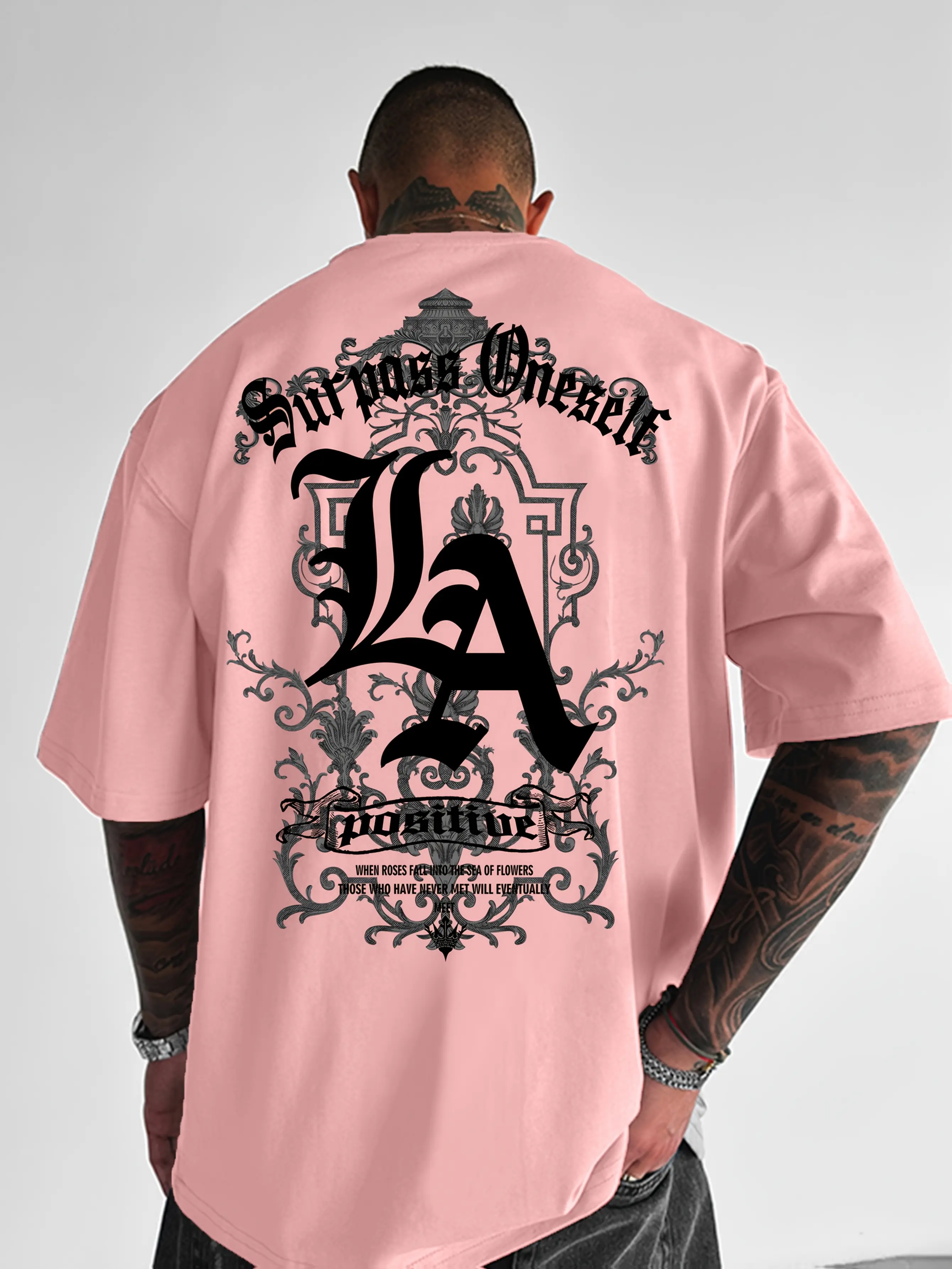 Men's summer 100 pure cotton fashionable casual sports loose back large LA letter printed round neck short sleeved T-shirt top