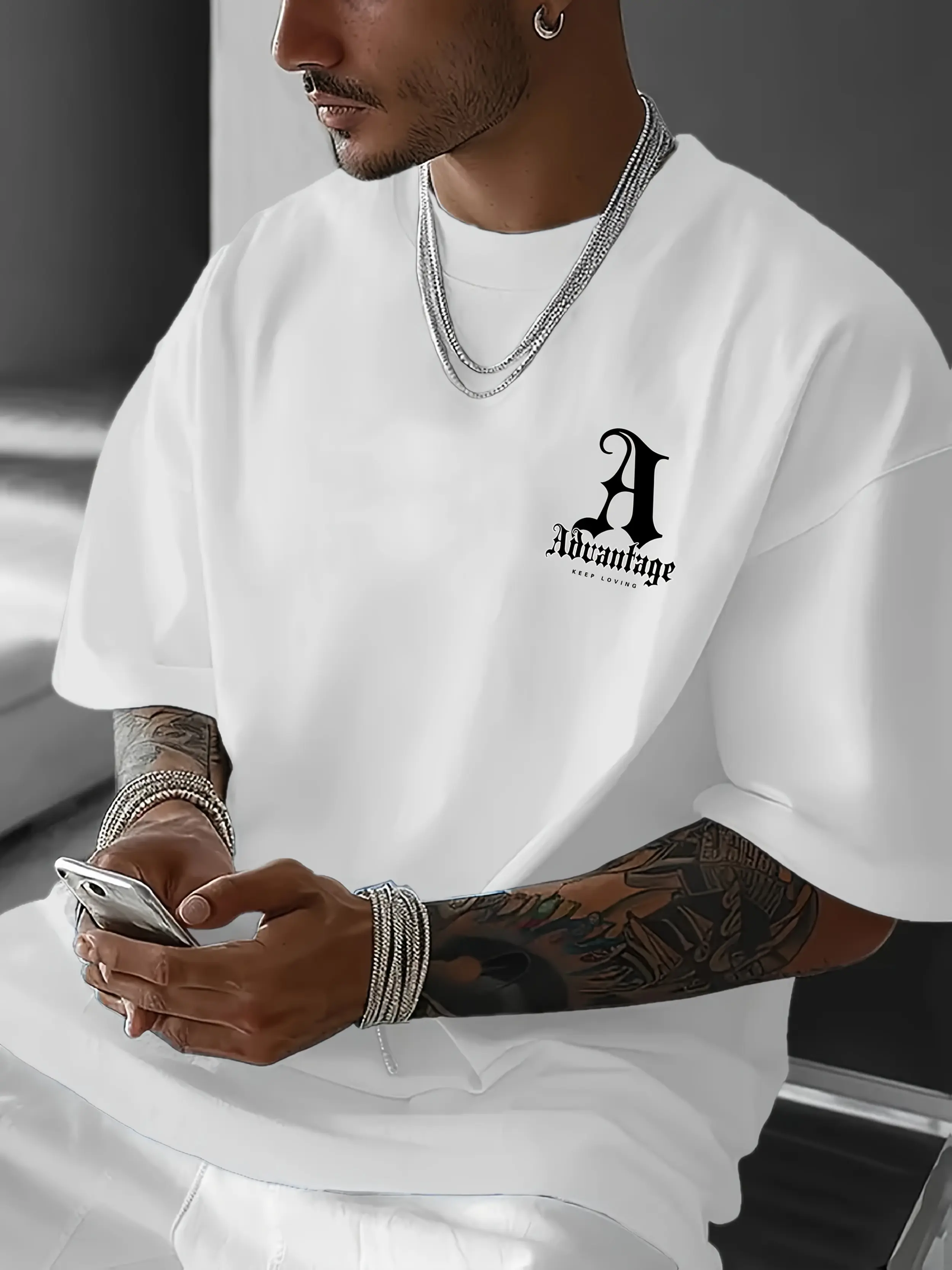 Men's summer 100 pure cotton fashionable casual sports loose back large LA letter printed round neck short sleeved T-shirt top