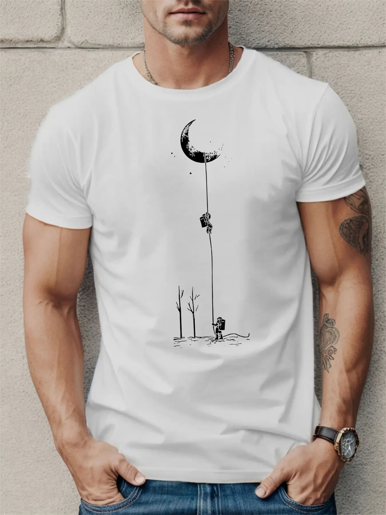 Summer men's 100% pure cotton casual sports loose moon landing pattern printed comfortable round neck short sleeved T-shirt top