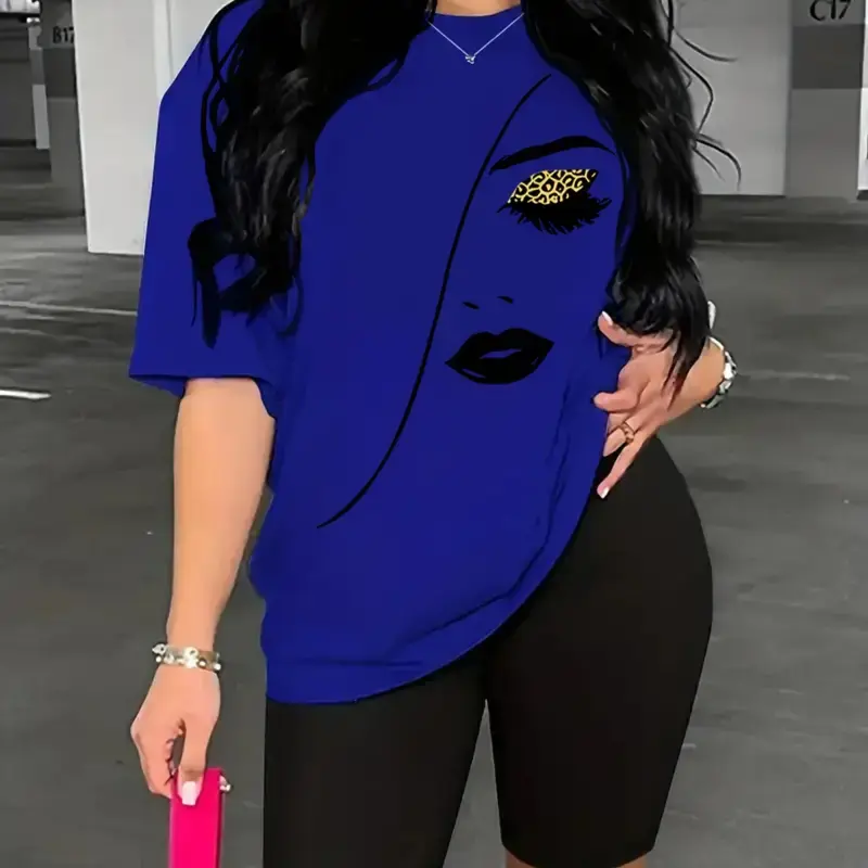 Women's casual short sleeved sportswear loose training tops with letters printed on them lightweight elastic shorts simple cl