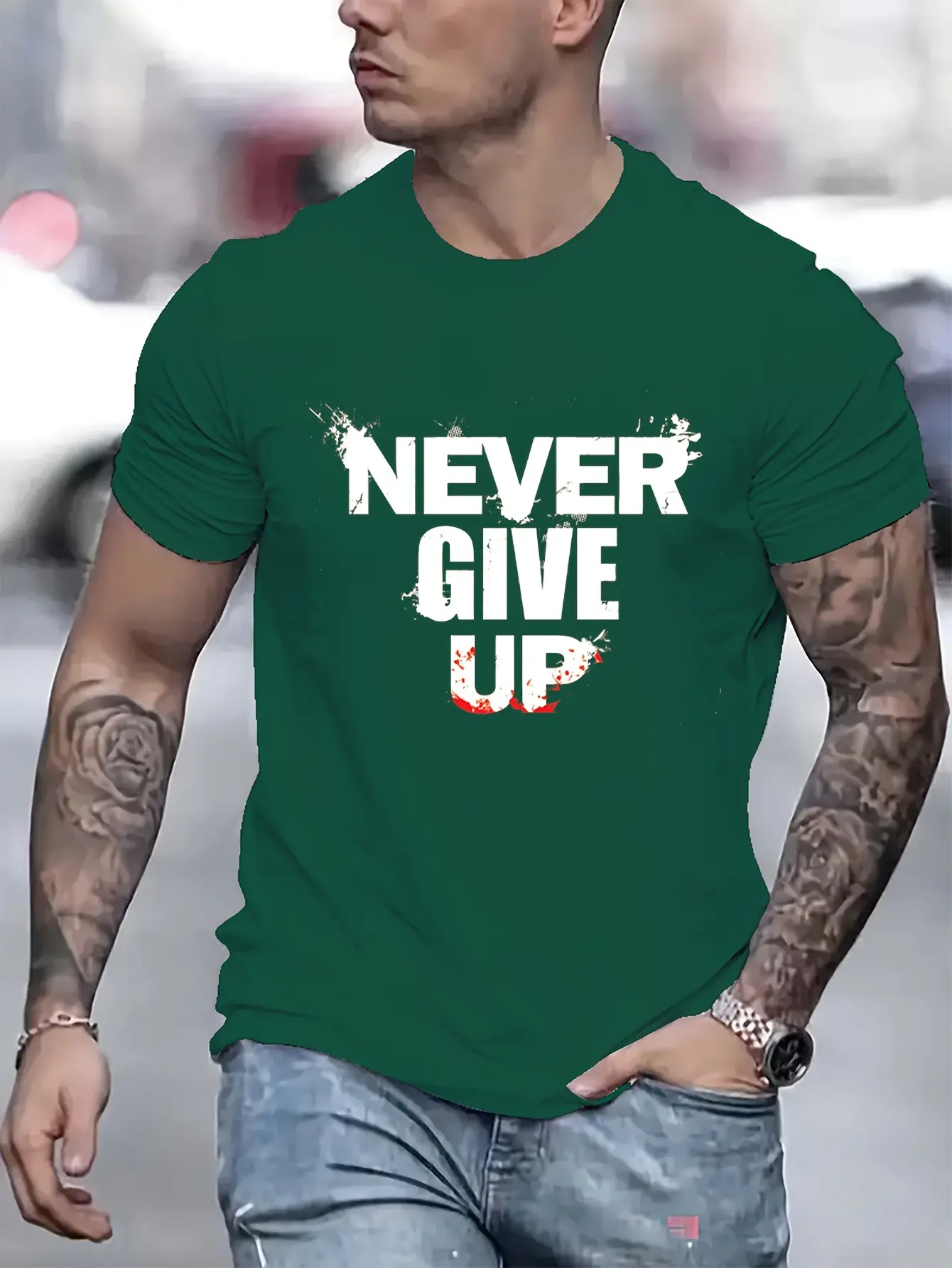 Men's summer 100 cotton fashionable casual sports loose NEVER GIVE UP letter printed round neck short sleeved T-shirt top