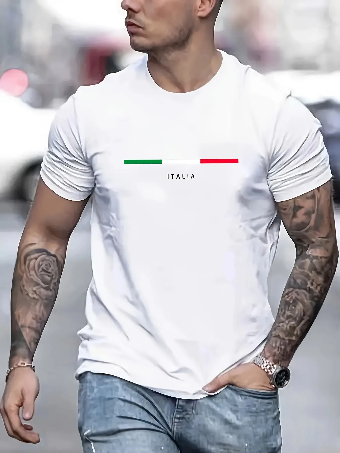 Summer men's 100% pure cotton casual sports loose oversized ITALIA letter printed comfortable round neck short sleeved T-shirt