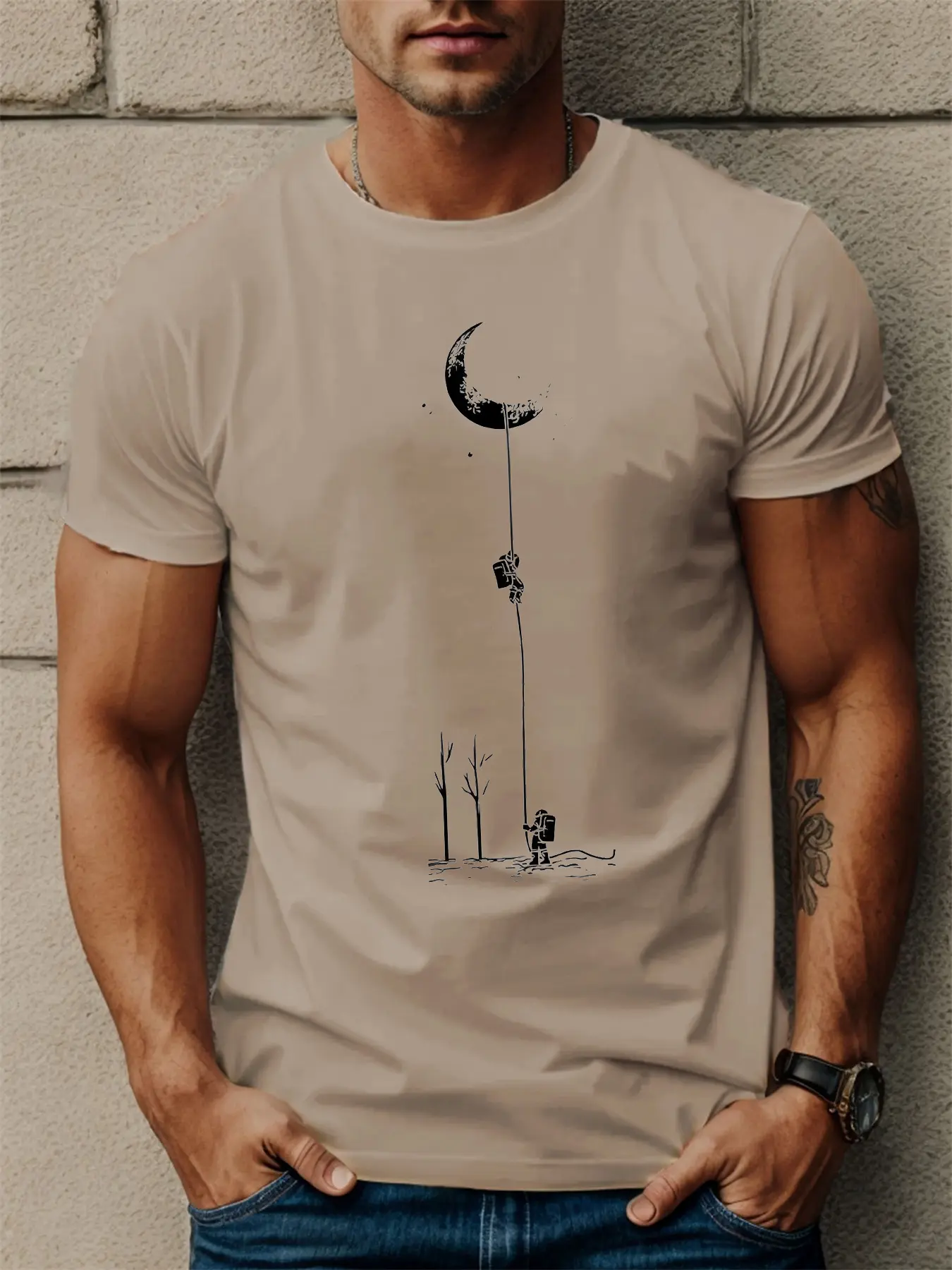 Summer men's 100% pure cotton casual sports loose moon landing pattern printed comfortable round neck short sleeved T-shirt top