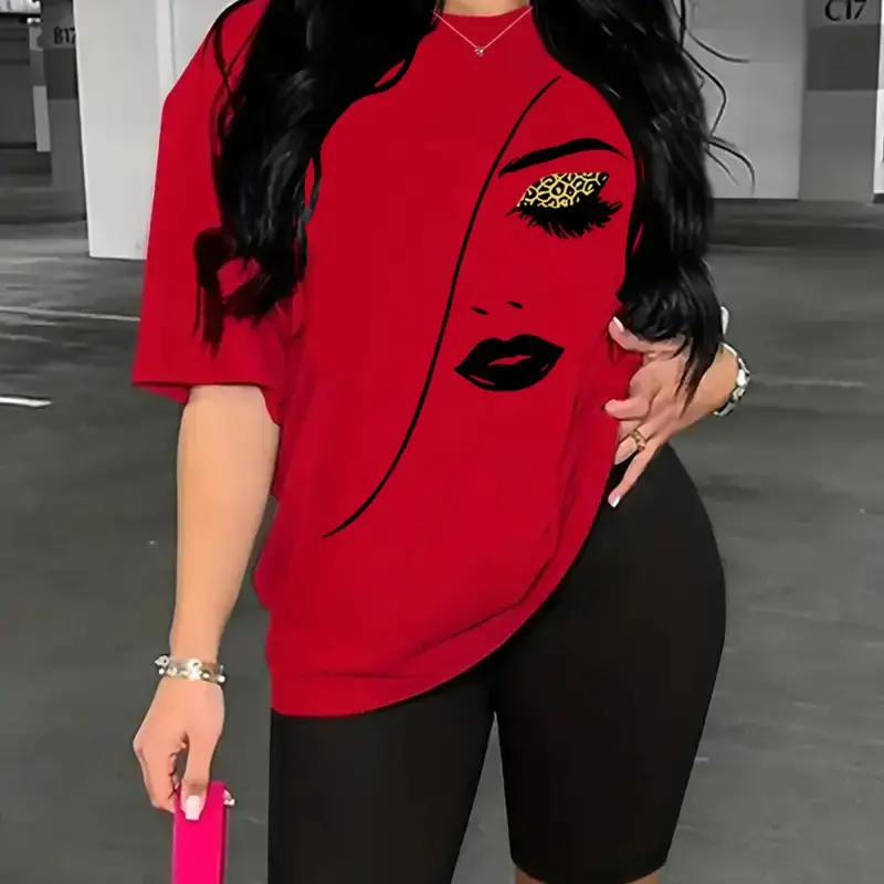 Women's casual short sleeved sportswear loose training tops with letters printed on them lightweight elastic shorts simple cl
