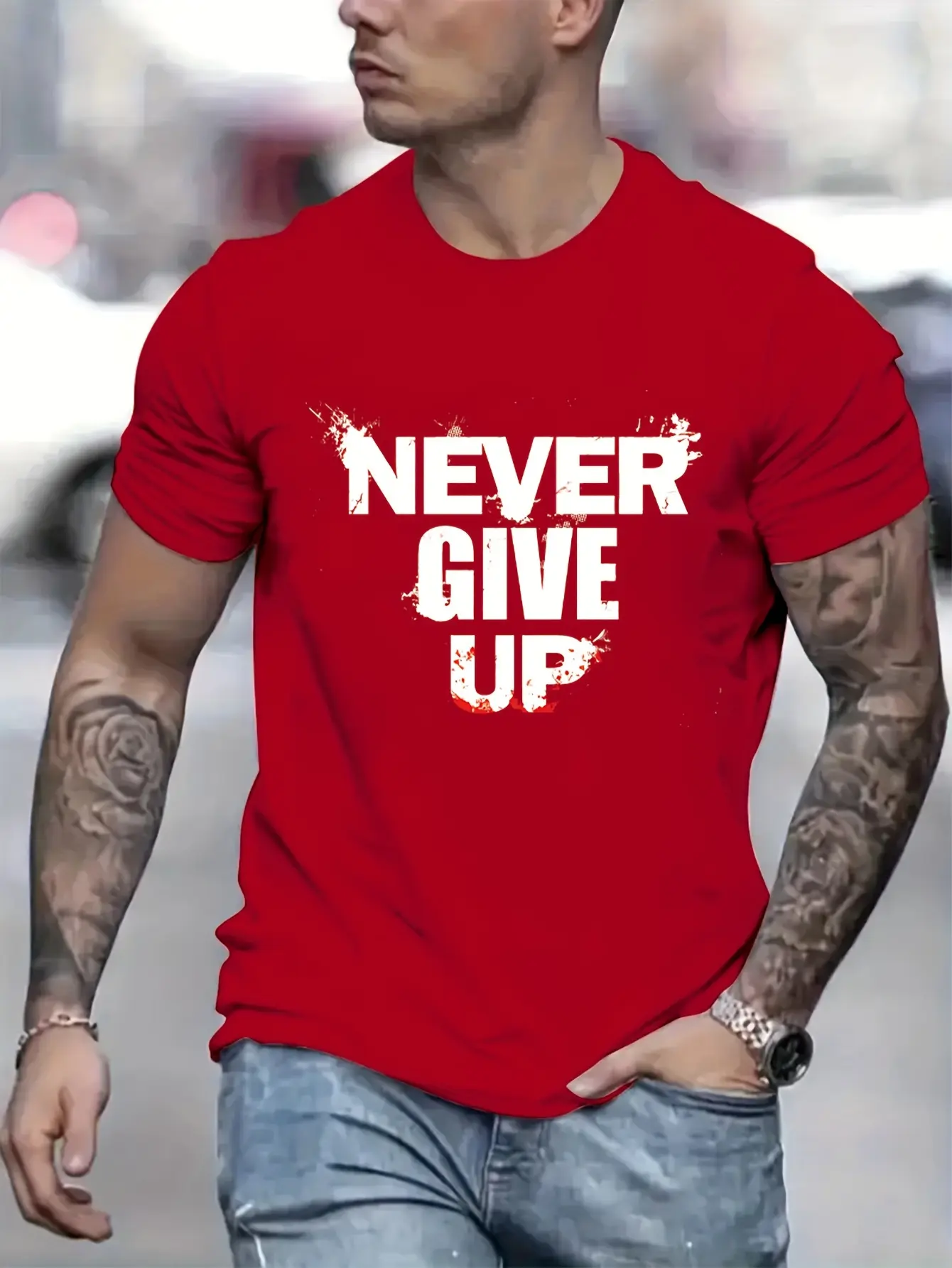 Men's summer 100 cotton fashionable casual sports loose NEVER GIVE UP letter printed round neck short sleeved T-shirt top