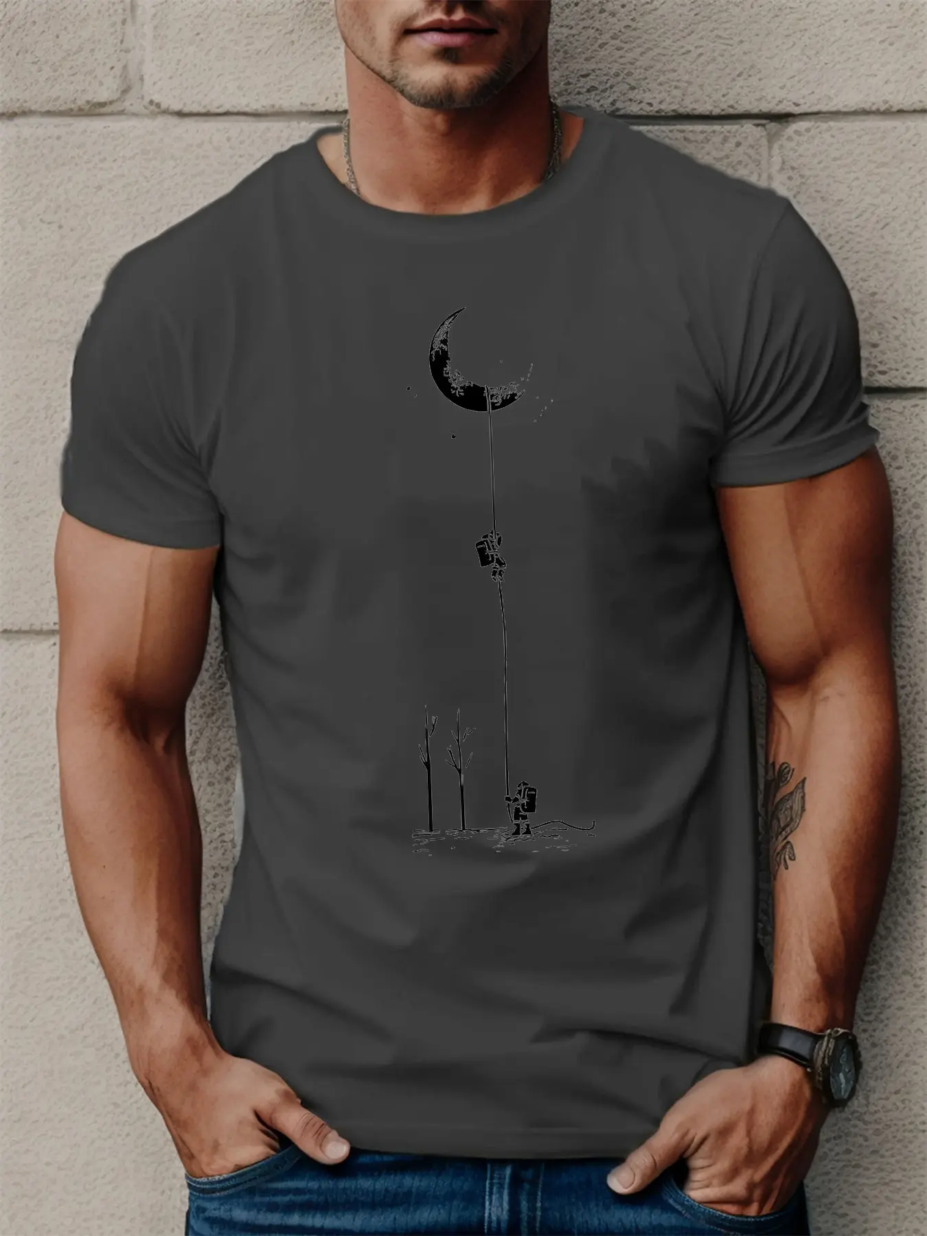 Summer men's 100% pure cotton casual sports loose moon landing pattern printed comfortable round neck short sleeved T-shirt top