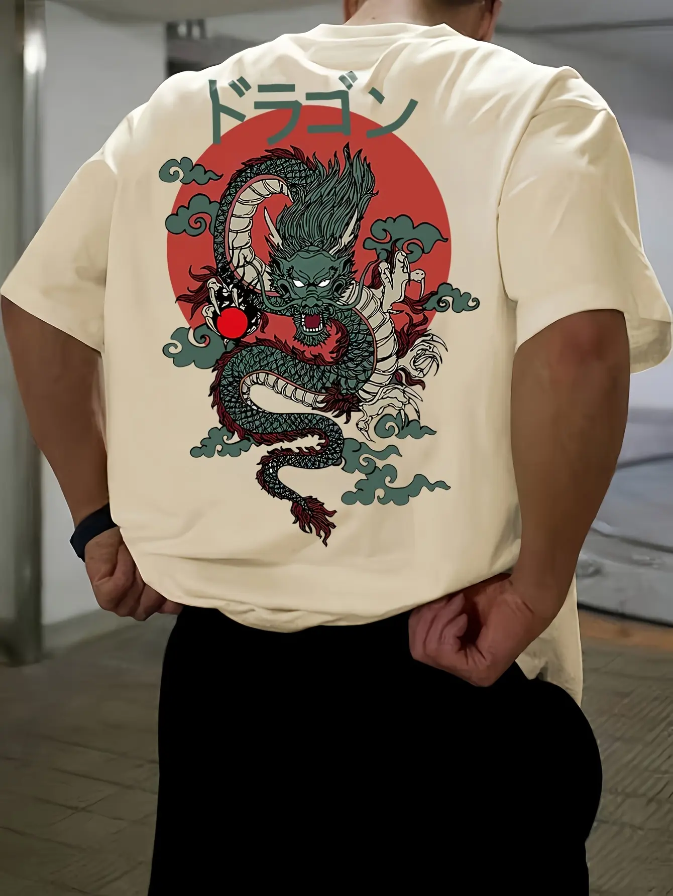 Men's Summer 100 Cotton Fashionable Casual Loose Japanese Anime Dragon Pattern Printed Round Neck Short Sleeve T-shirt Top