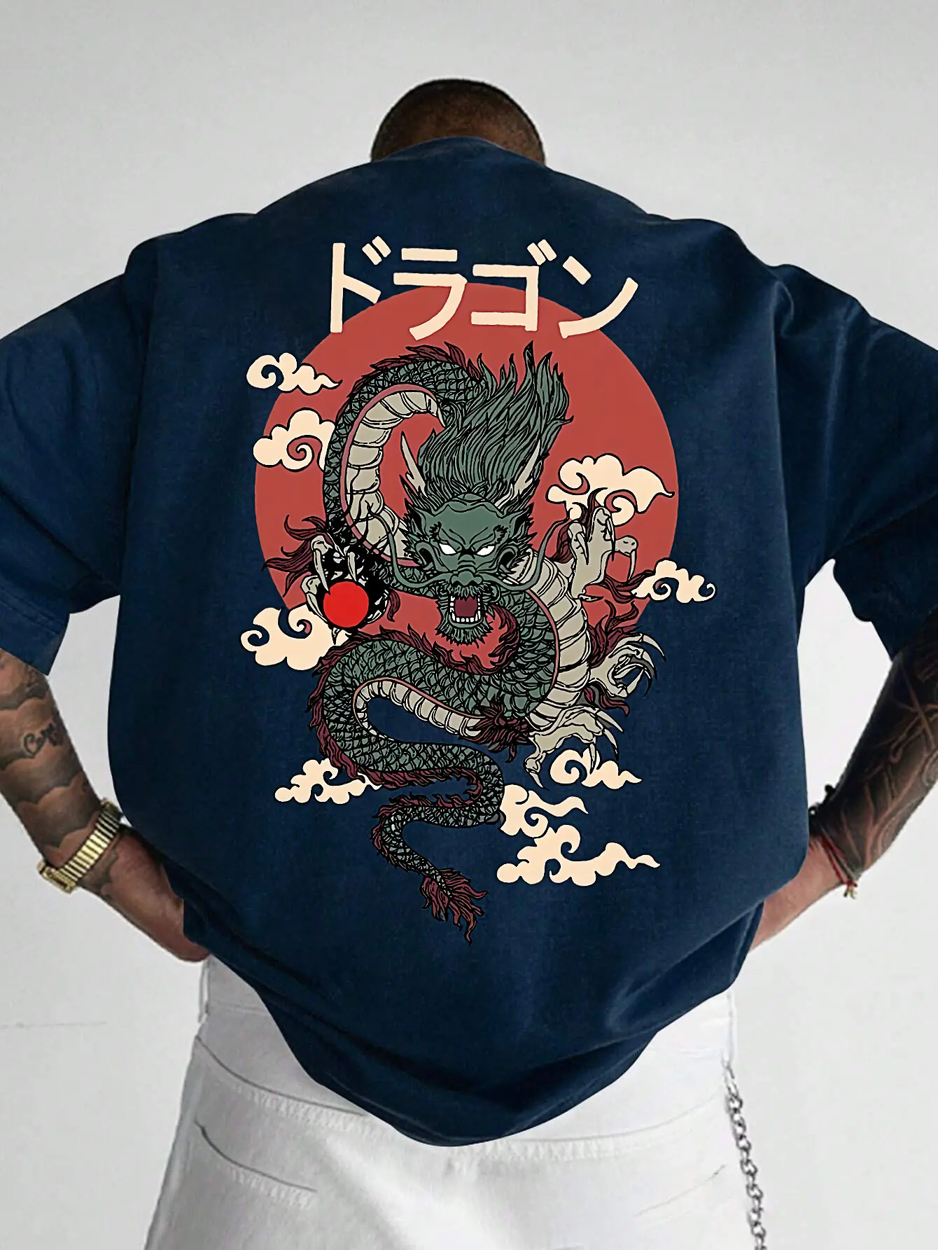 Men's Summer 100 Cotton Fashionable Casual Loose Japanese Anime Dragon Pattern Printed Round Neck Short Sleeve T-shirt Top