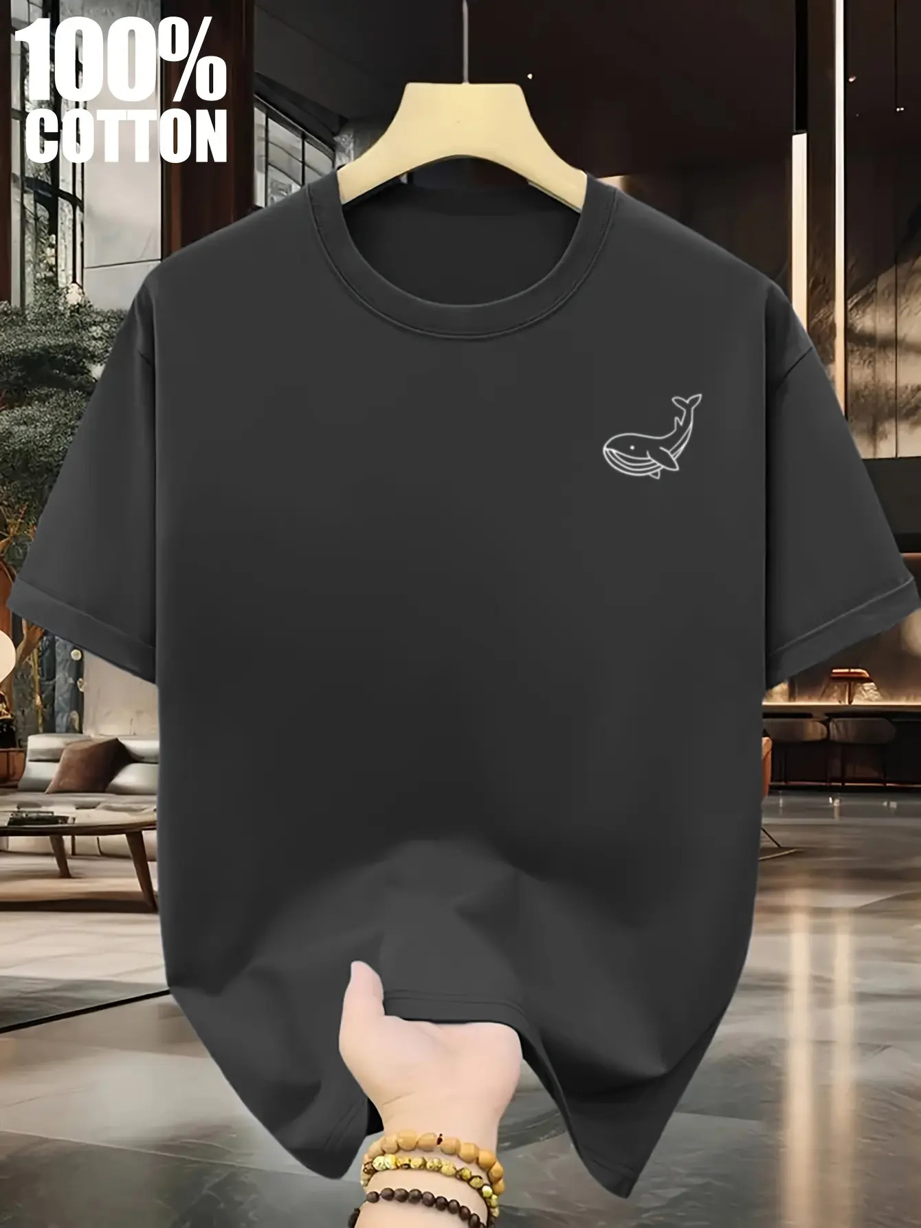 Men's Summer 100 Cotton Fashionable Casual Sports Loose Large Whale Pattern Printed Round Neck Short Sleeve T-shirt Top