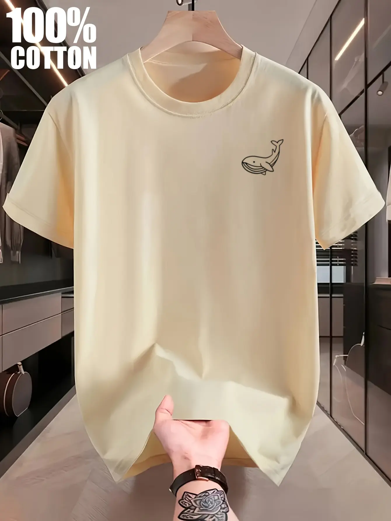 Men's Summer 100 Cotton Fashionable Casual Sports Loose Large Whale Pattern Printed Round Neck Short Sleeve T-shirt Top