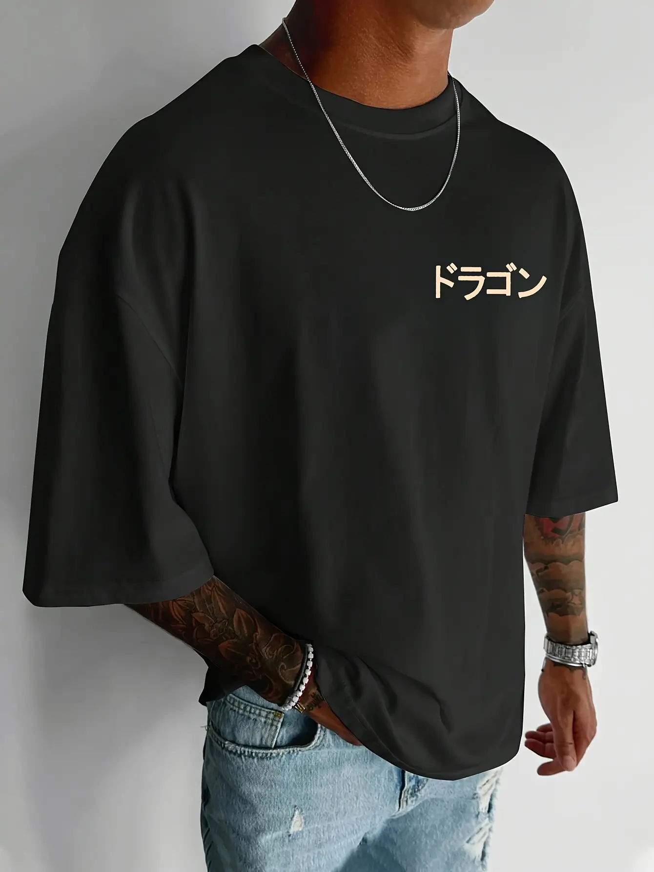 Men's Summer 100 Cotton Fashionable Casual Loose Japanese Anime Dragon Pattern Printed Round Neck Short Sleeve T-shirt Top