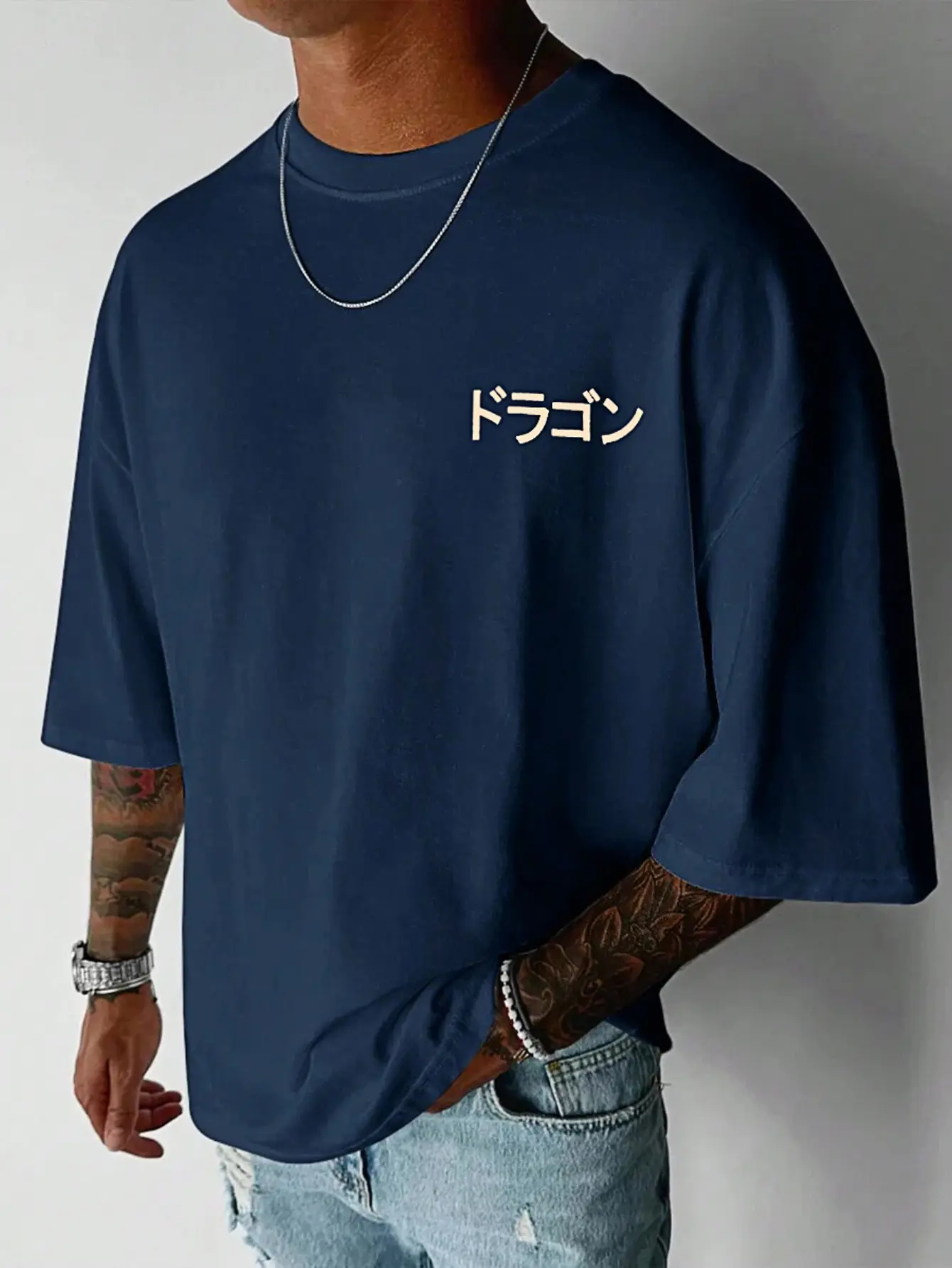 Men's Summer 100 Cotton Fashionable Casual Loose Japanese Anime Dragon Pattern Printed Round Neck Short Sleeve T-shirt Top