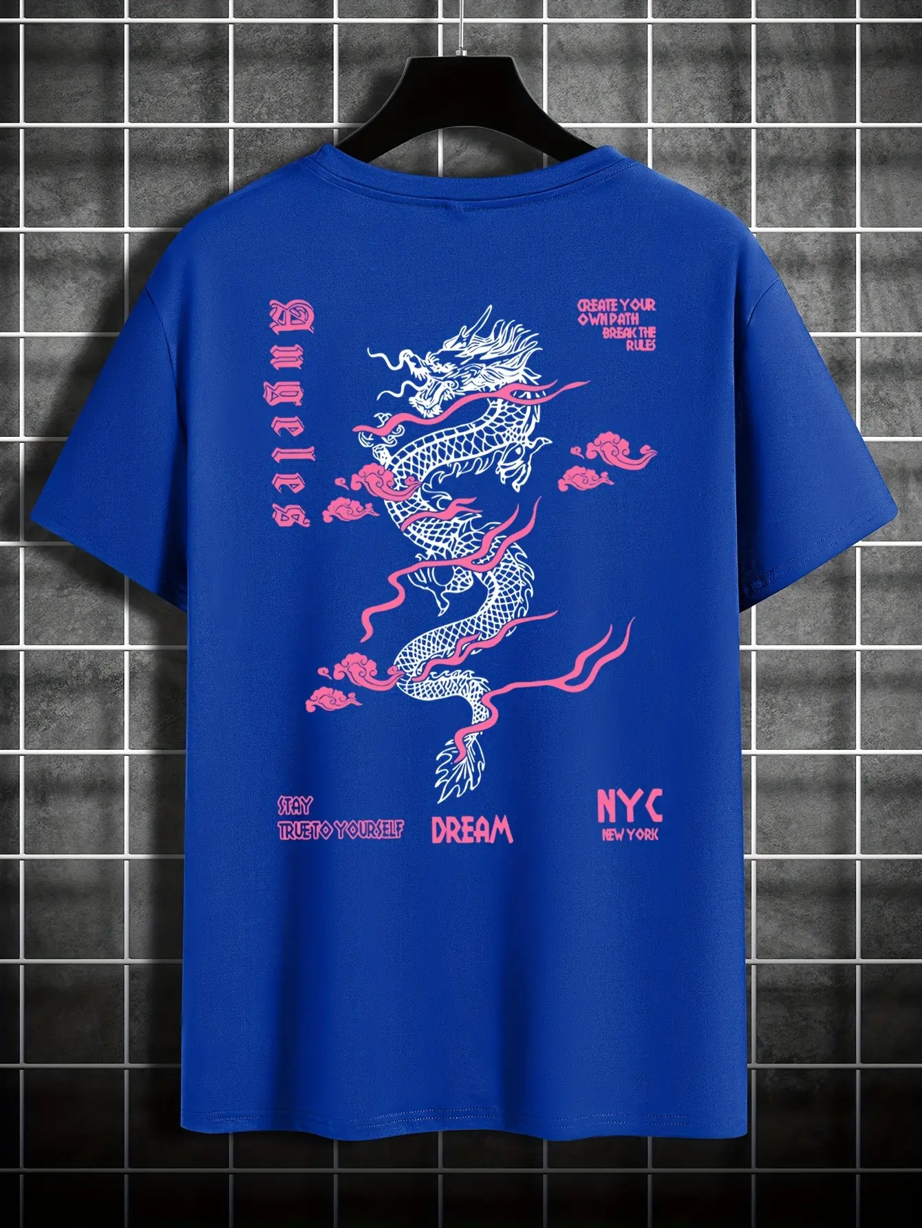 Men's summer 100% pure cotton fashionable casual loose pink dragon pattern printed sports round neck short sleeved T-shirt top