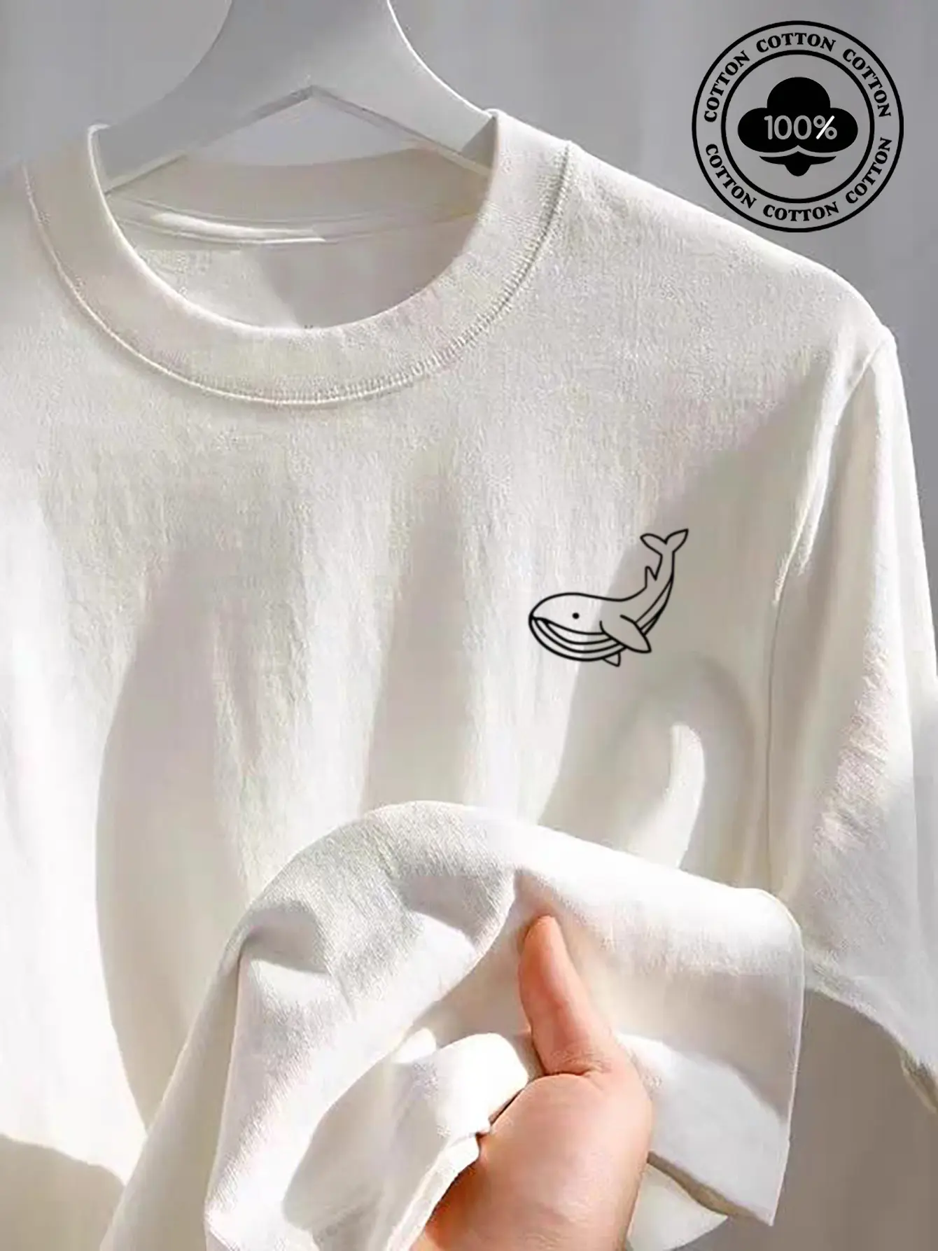 Men's Summer 100 Cotton Fashionable Casual Sports Loose Large Whale Pattern Printed Round Neck Short Sleeve T-shirt Top