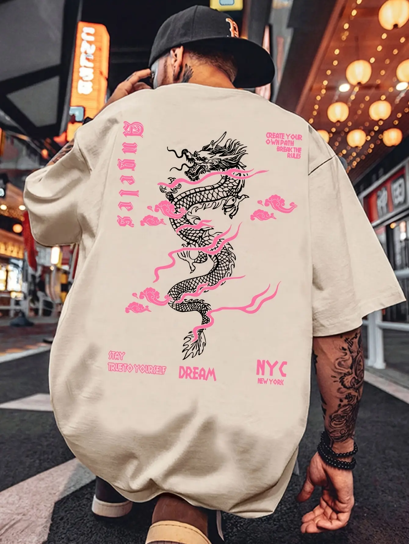 Men's summer 100% pure cotton fashionable casual loose pink dragon pattern printed sports round neck short sleeved T-shirt top