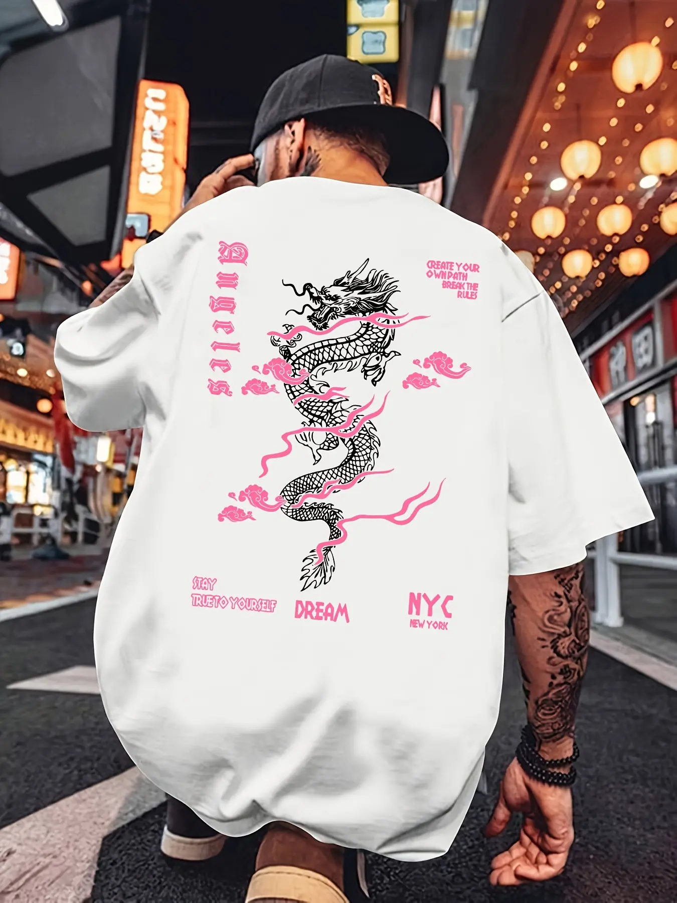 Men's summer 100% pure cotton fashionable casual loose pink dragon pattern printed sports round neck short sleeved T-shirt top
