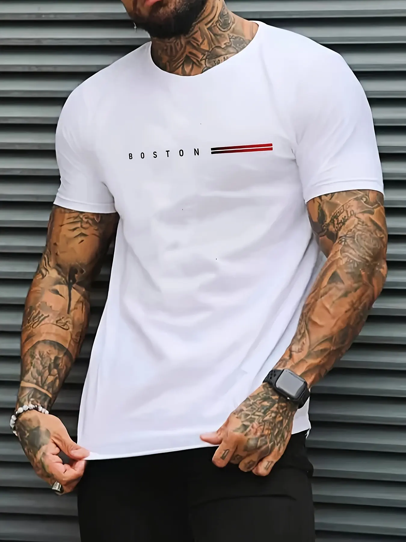 Men's summer 100% pure cotton fashionable casual loose sports BOSTON pattern printed round neck short sleeved T-shirt top
