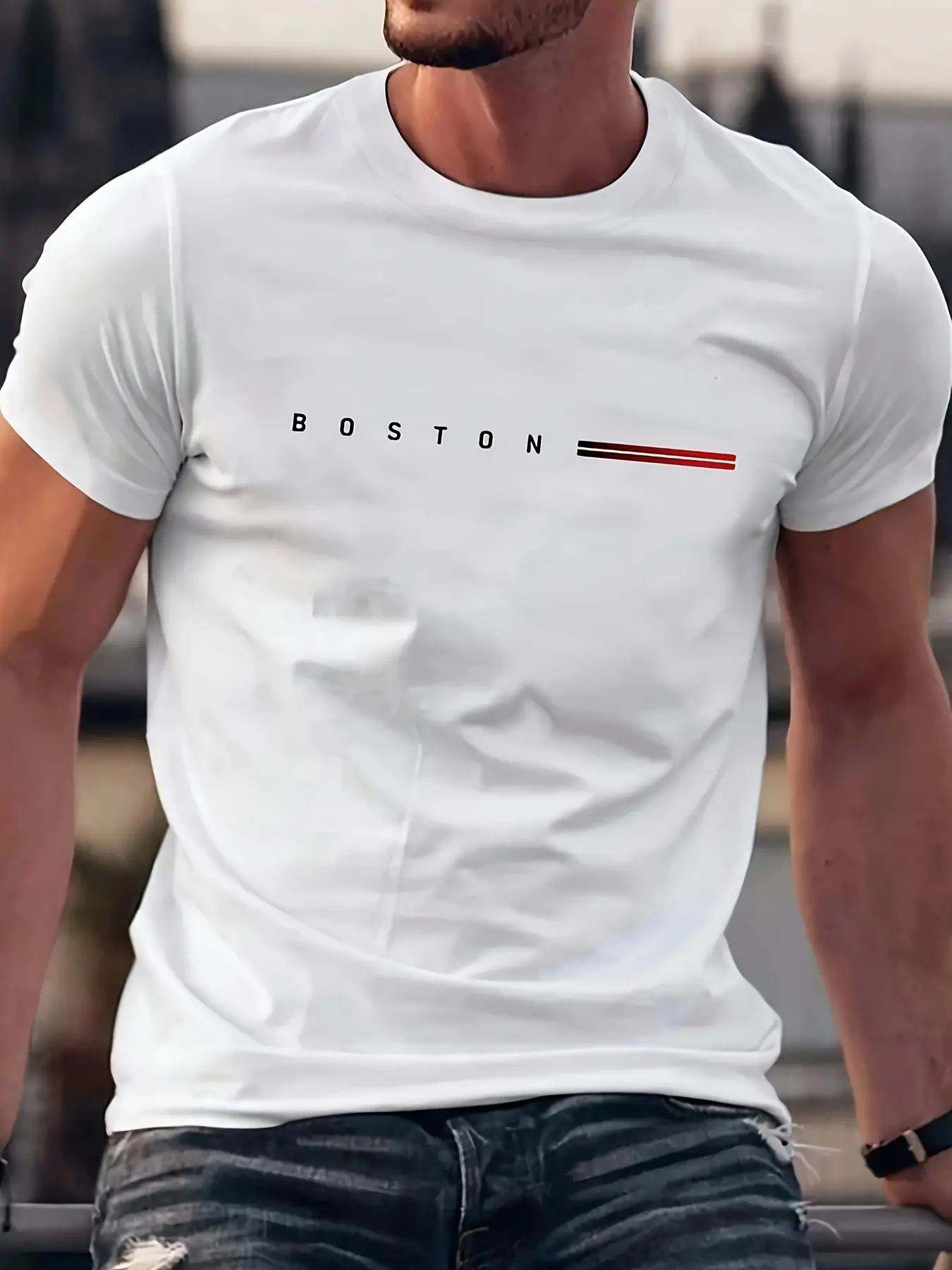 Men's summer 100% pure cotton fashionable casual loose sports BOSTON pattern printed round neck short sleeved T-shirt top