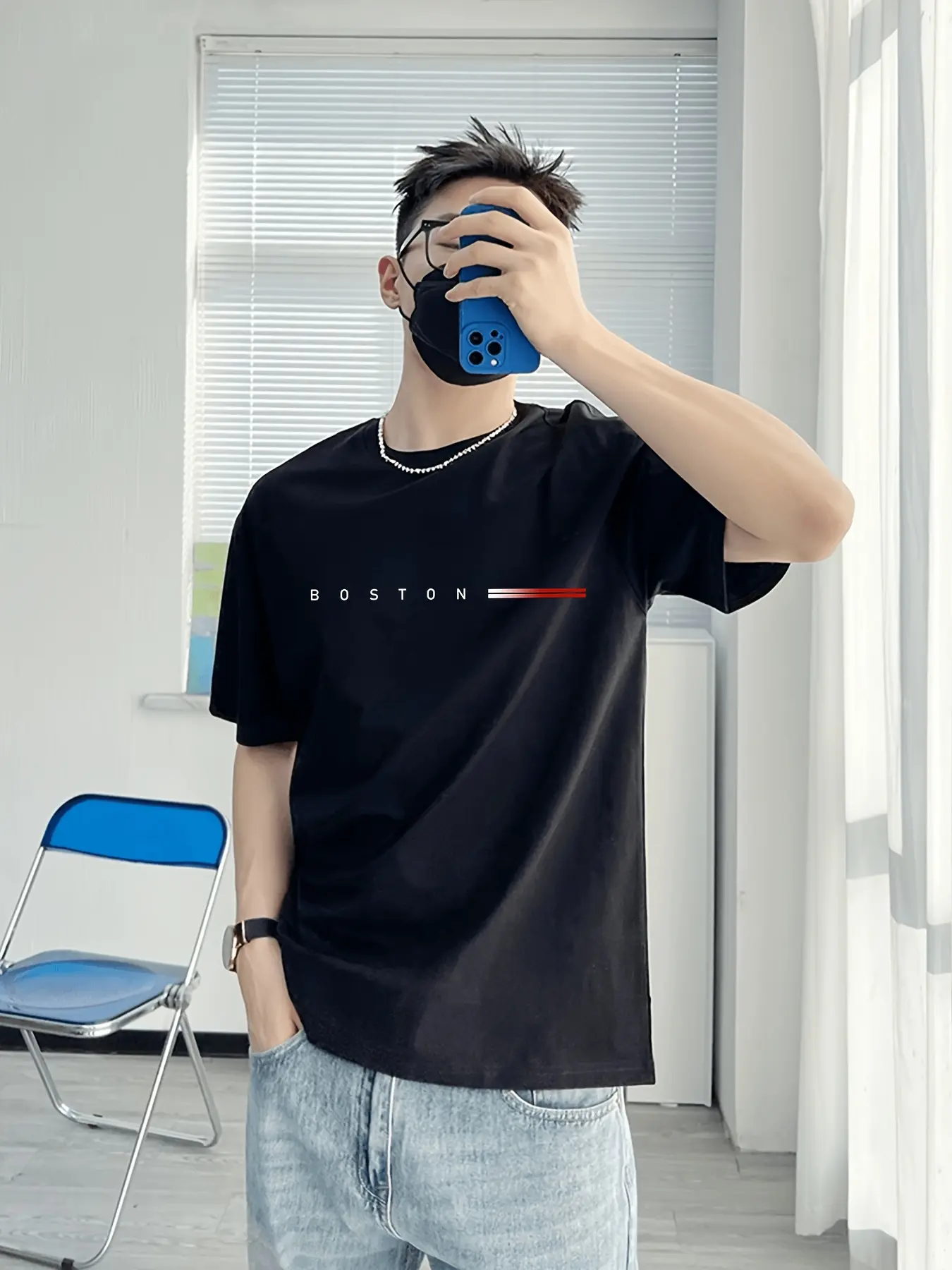 Men's summer 100% pure cotton fashionable casual loose sports BOSTON pattern printed round neck short sleeved T-shirt top