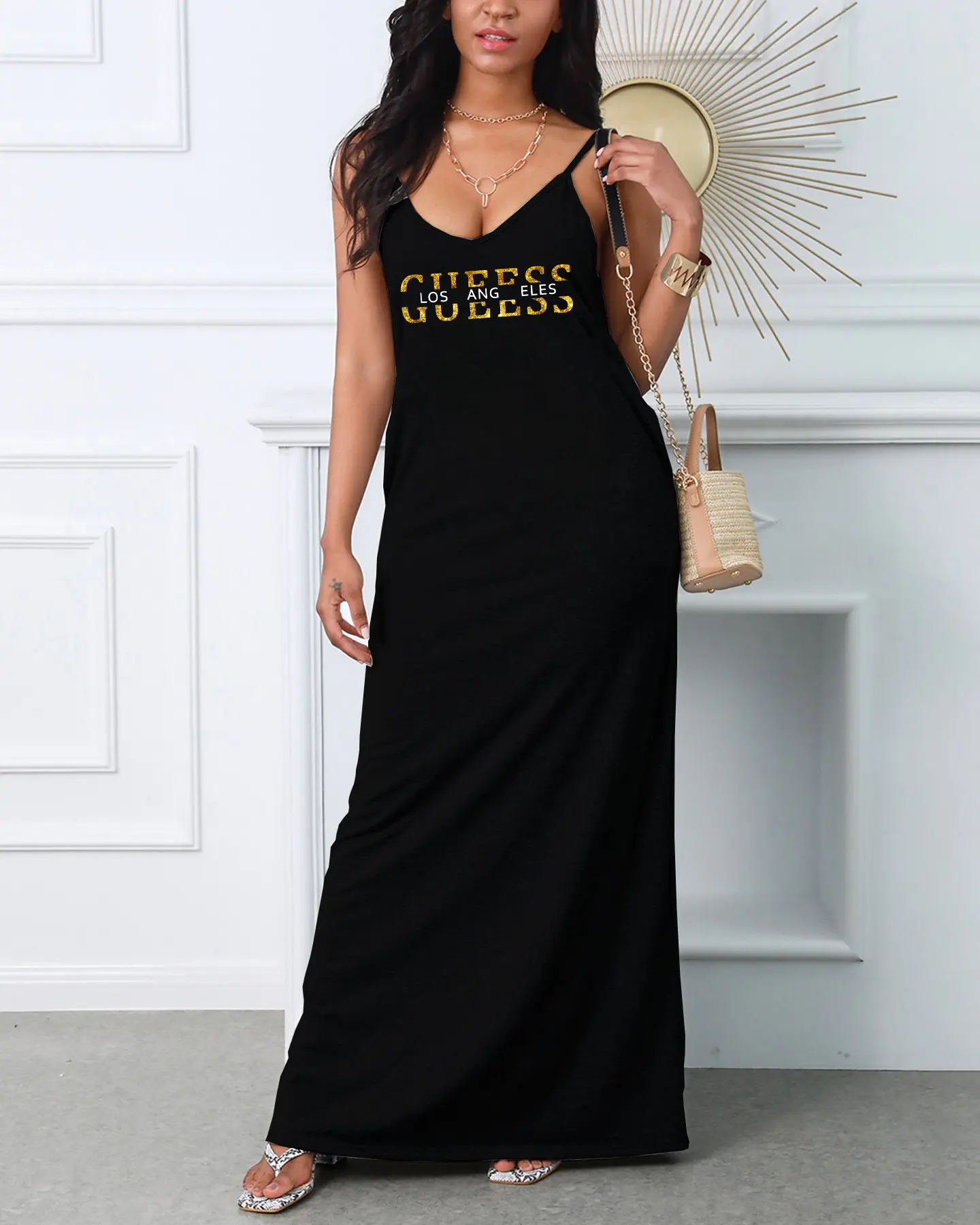 Women's GUEESS Los Angeles letter printed V-neck suspender sexy dress, comfortable, breathable, casual and fashionable dress